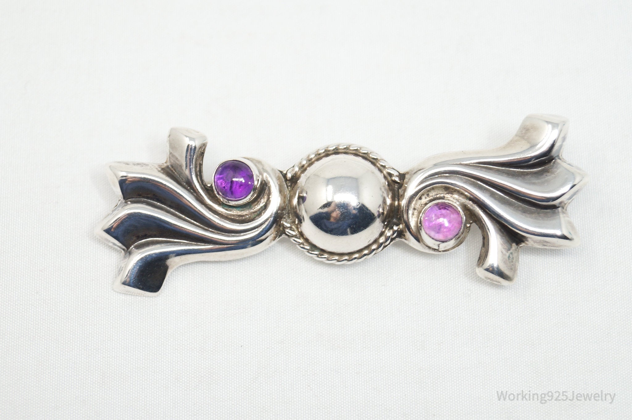 Vintage Mexican Amethyst AME Modern Sterling Silver Brooch Pin