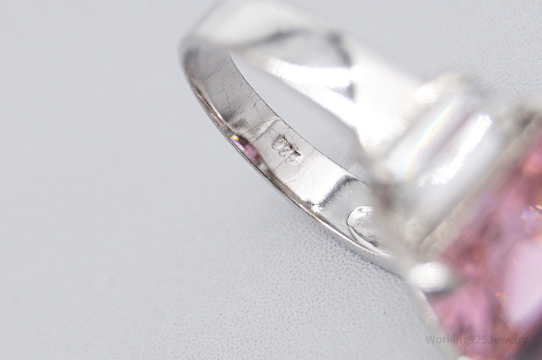 Vintage Large Pink & White Cubic Zirconia Rhodium Over Sterling Silver Ring - Size 6