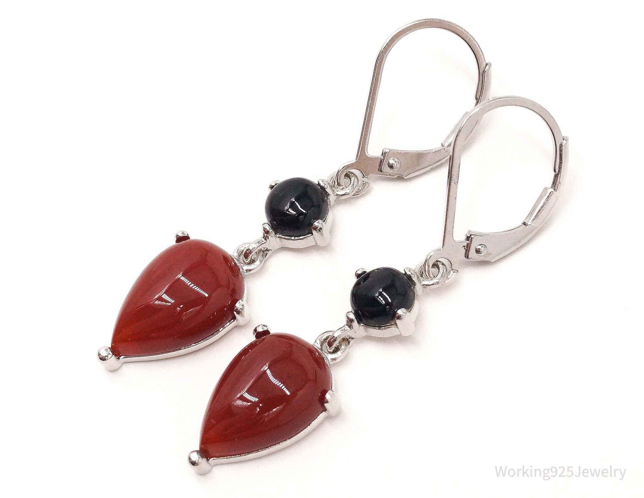 Vintage Designer Ross Simons Carnelian Black Onyx Sterling Silver Earrings