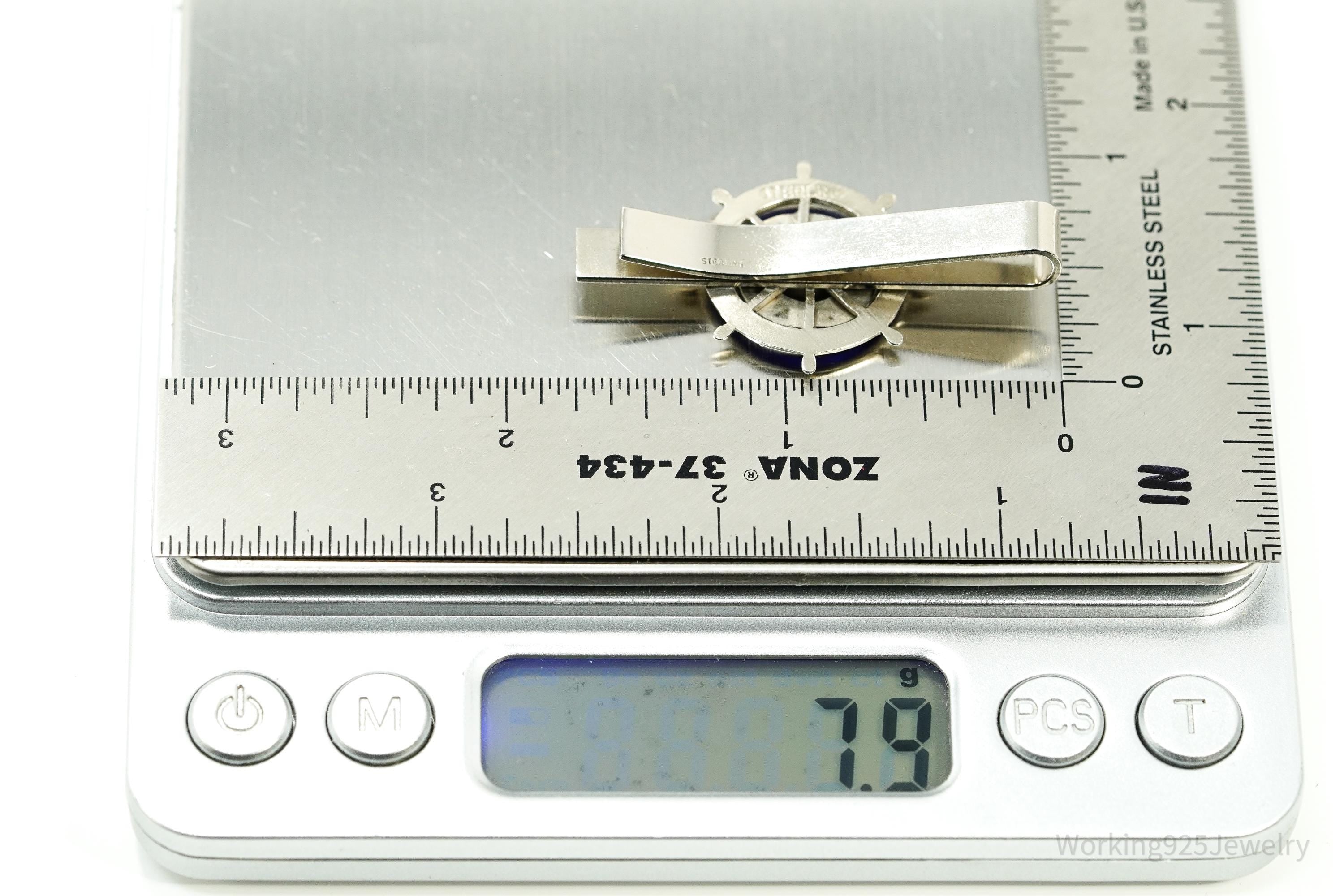 Vintage Blue & White Enamel Ship Wheel Sterling Silver Tie Bar