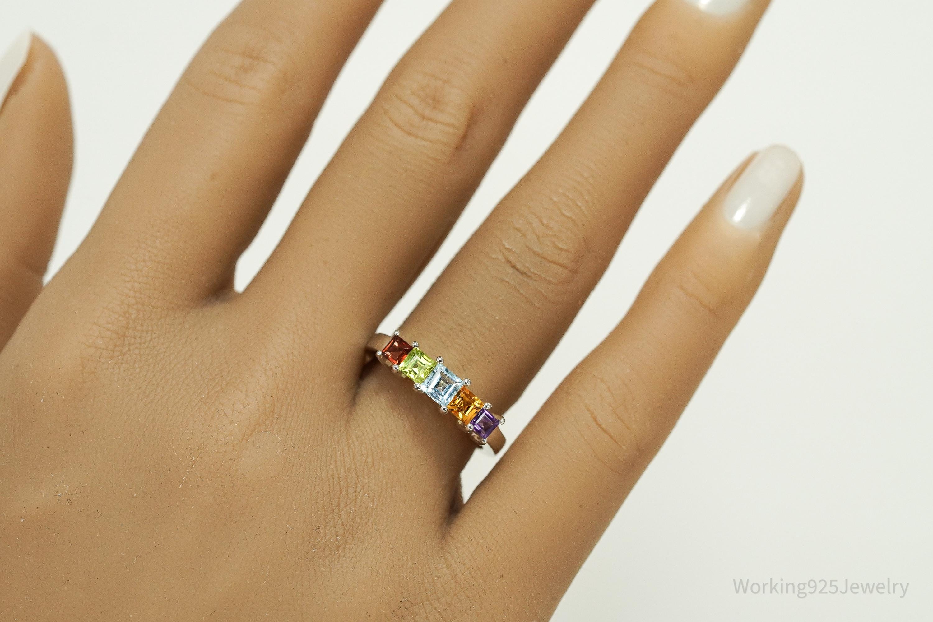 Vintage Rainbow Multi Gemstone Sterling Silver Band Ring – Size 7