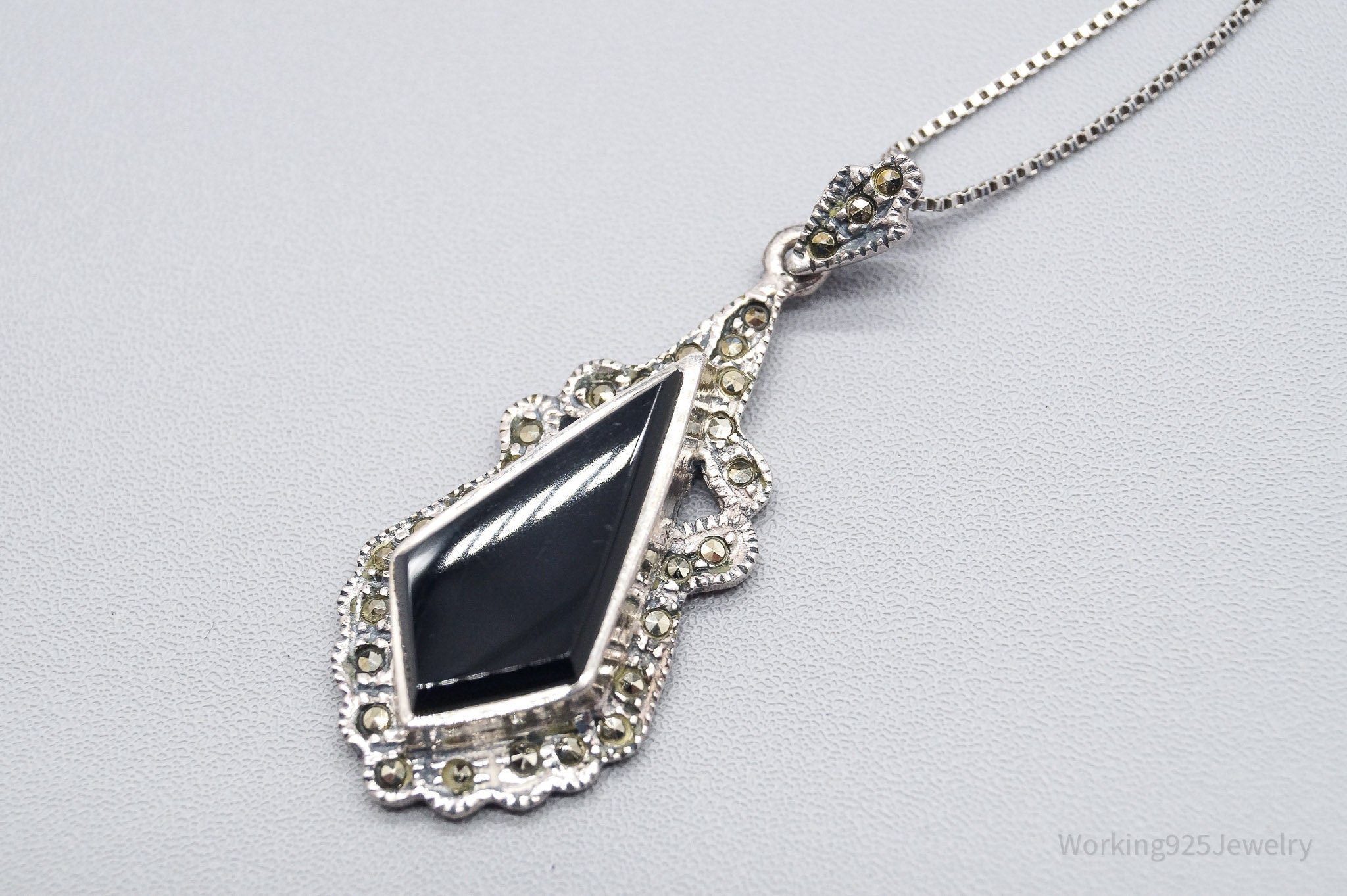 Vintage Black Onyx Marcasite Art Deco Sterling Silver Necklace 20"