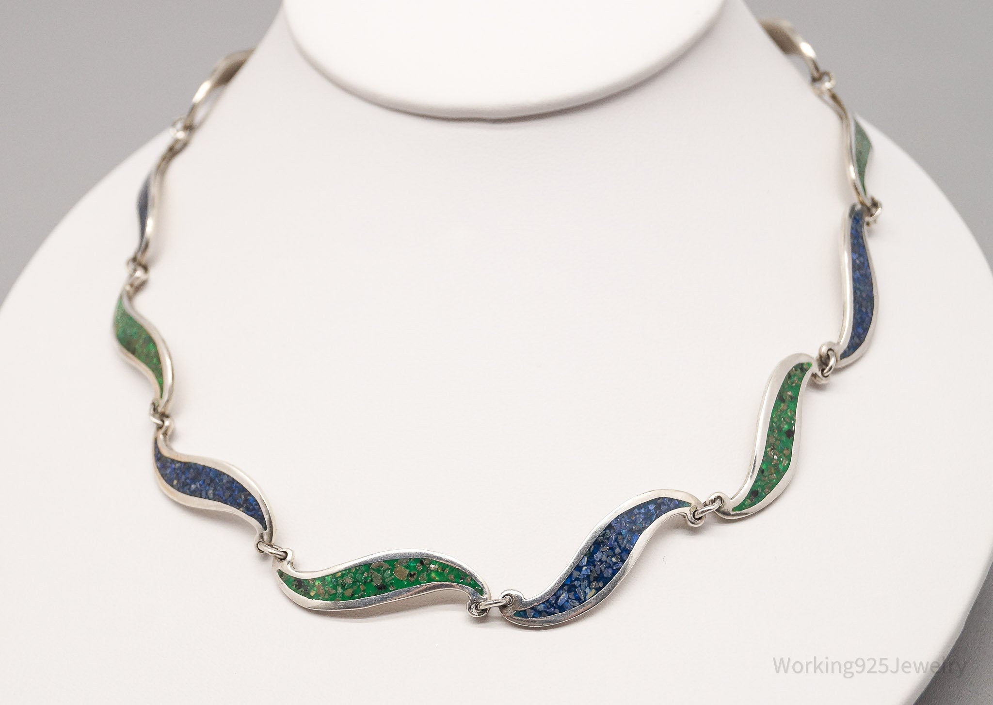 VTG Mexico Modernist Lapis Lazuli & Malachite Inlay Sterling Silver Necklace