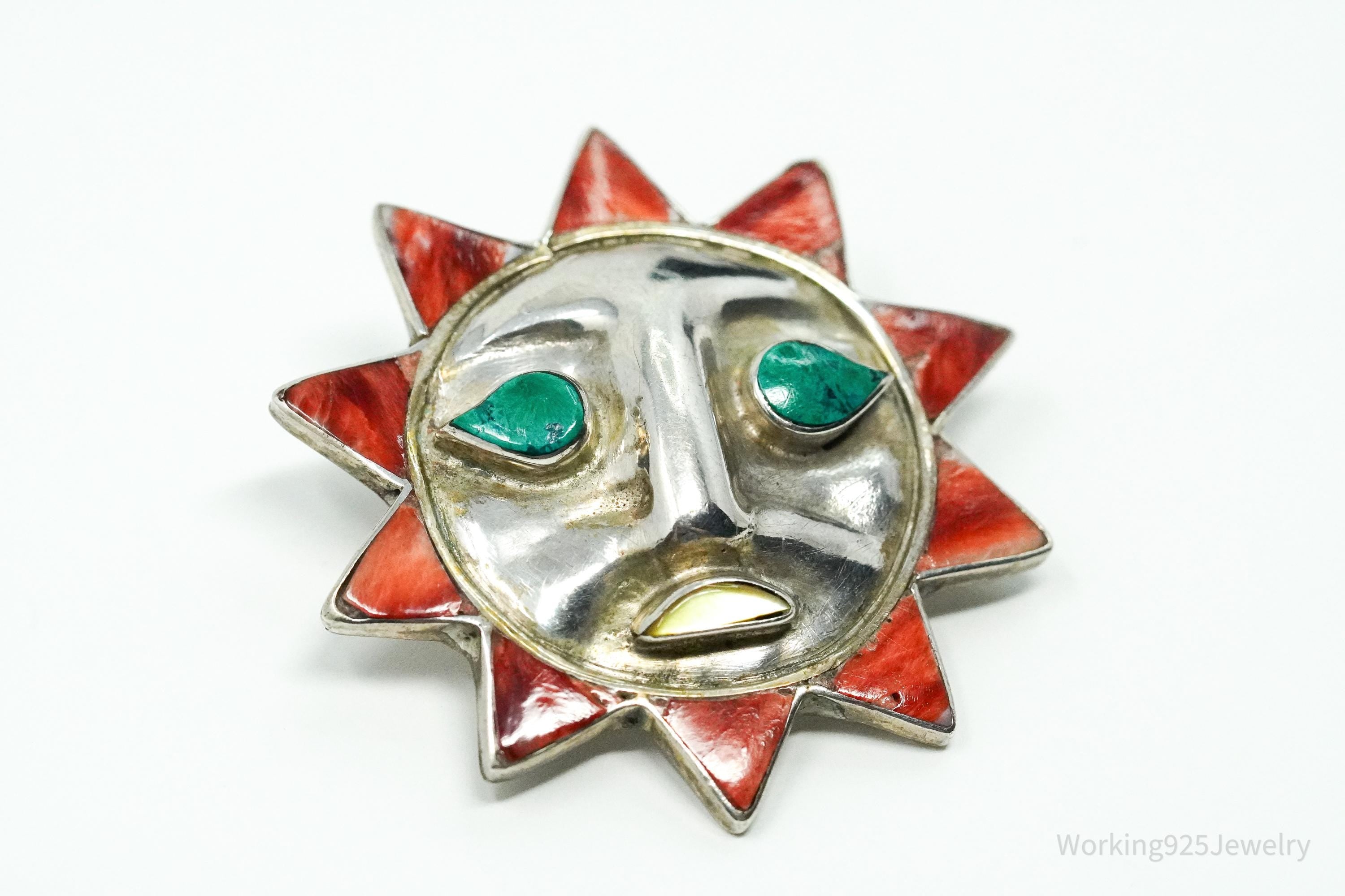 Large Vintage Multi Stone Inlay Sun Face 950 Silver Pendant