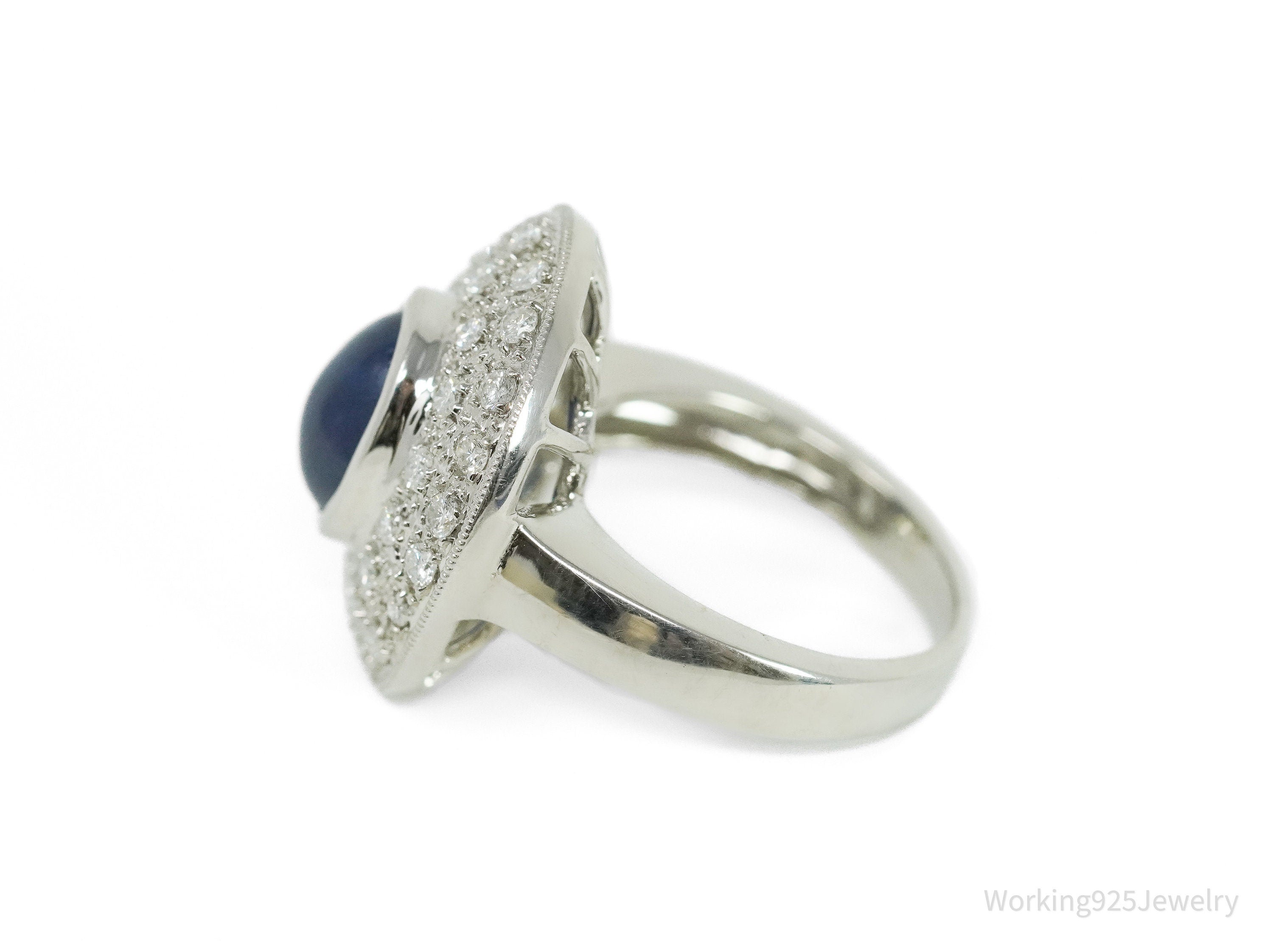 18K White Gold & Natural Sapphire with Diamond Bezel Set Ring - Size 4