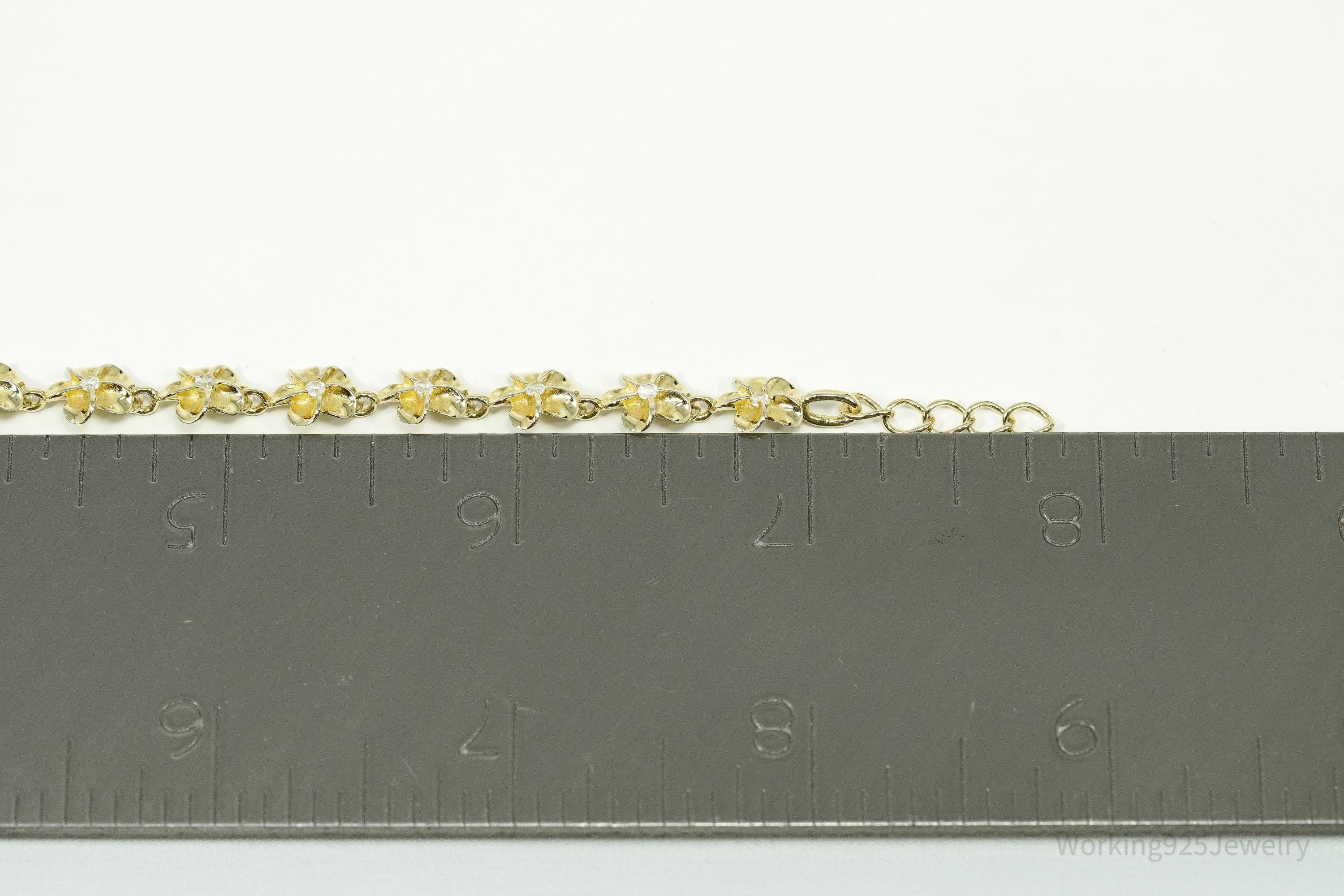 Vintage Cubic Zirconia Gold Vermeil Sterling Silver Flowers Tennis Bracelet 7.75"