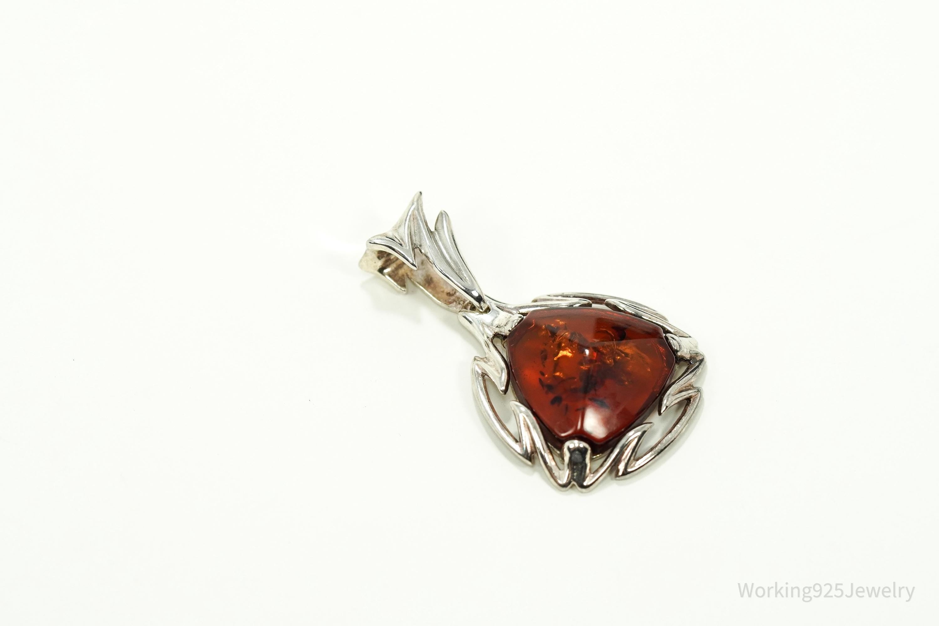 Large Vintage Modernist Amber Sterling Silver Pendant