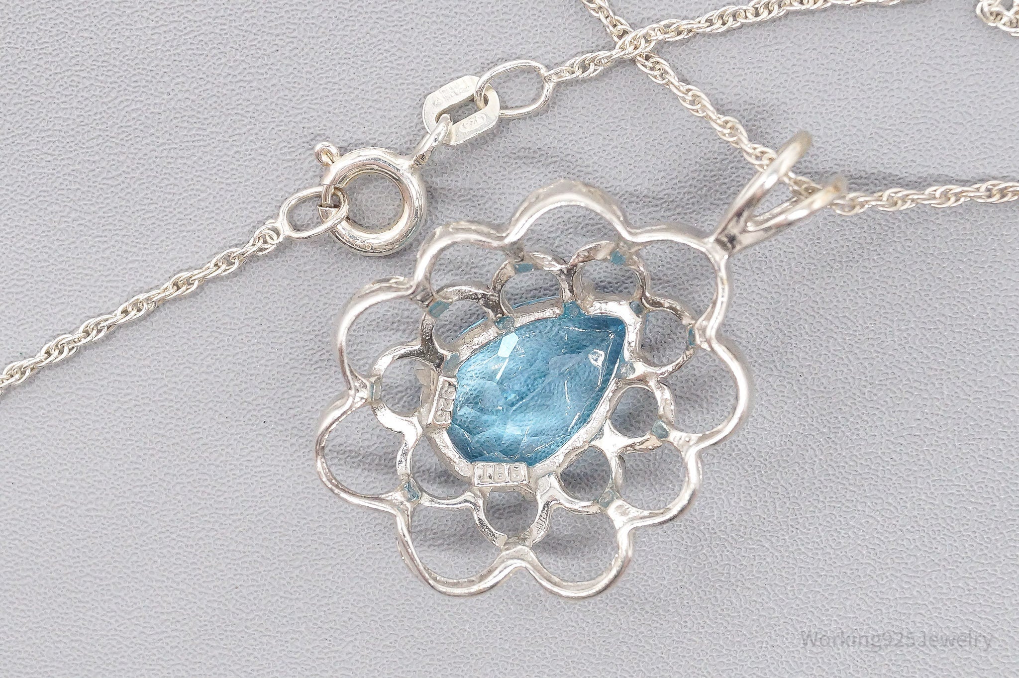 Vintage Large Blue Topaz Sterling Silver Necklace 18"