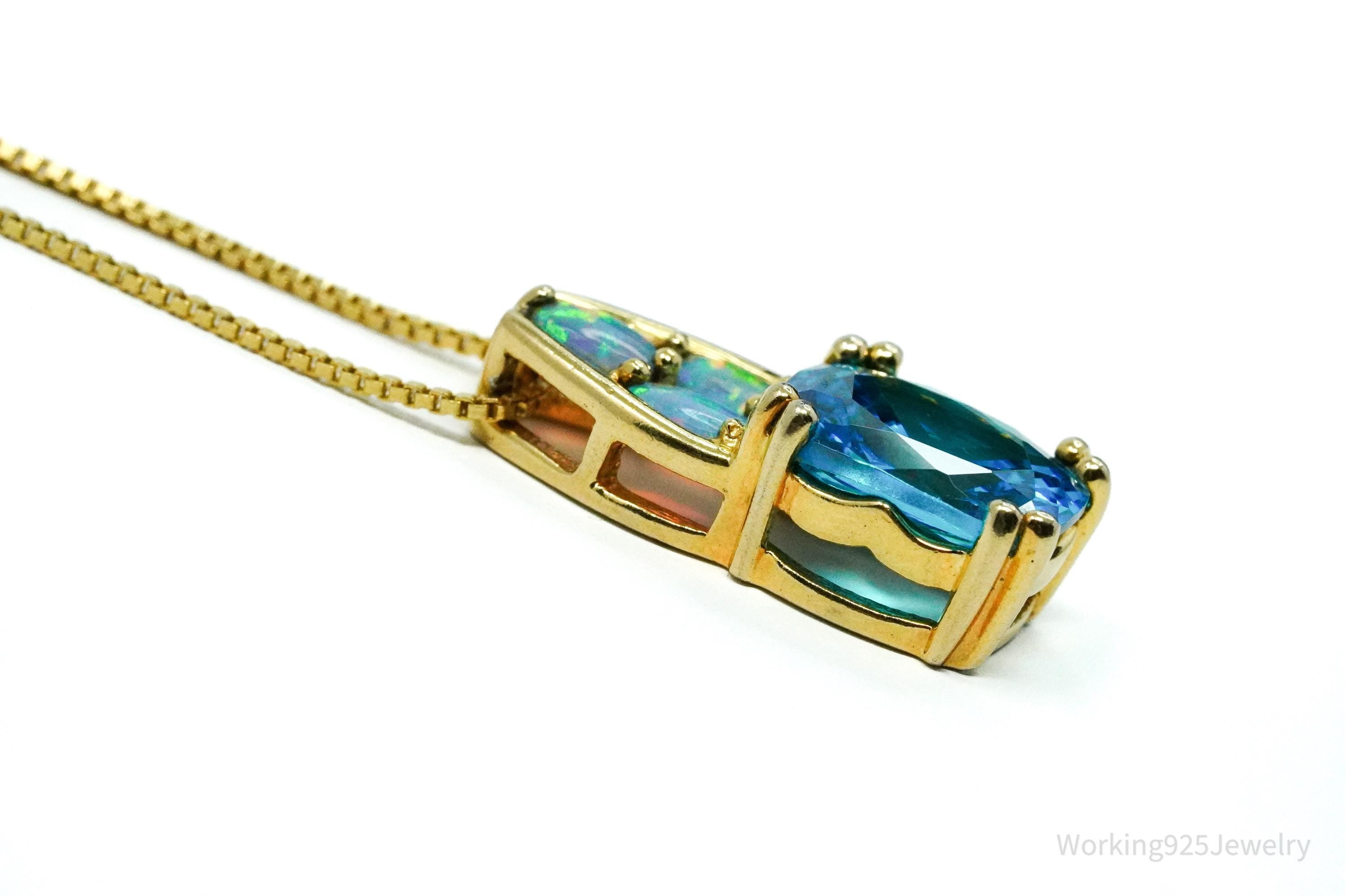 Vintage Blue Tourmaline & Opal Gold Vermeil Sterling Silver Necklace 16"