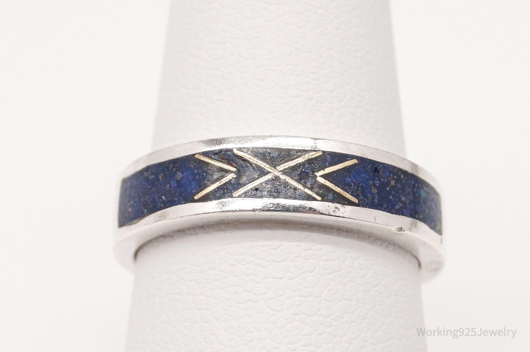 Vintage Native American Lapis Lazuli Inlay Gold Silver Ring Size 6.75