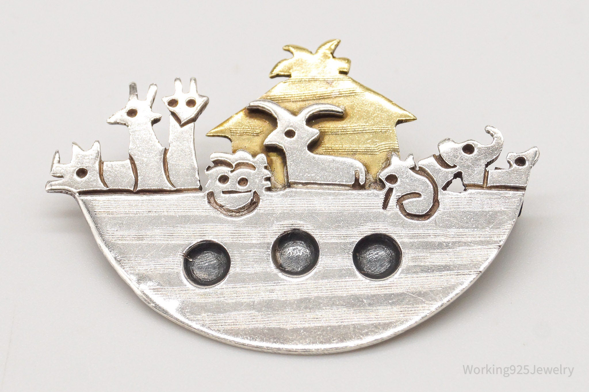 Vintage Mexico Noahs Ark Brass Sterling Silver Brooch Pin