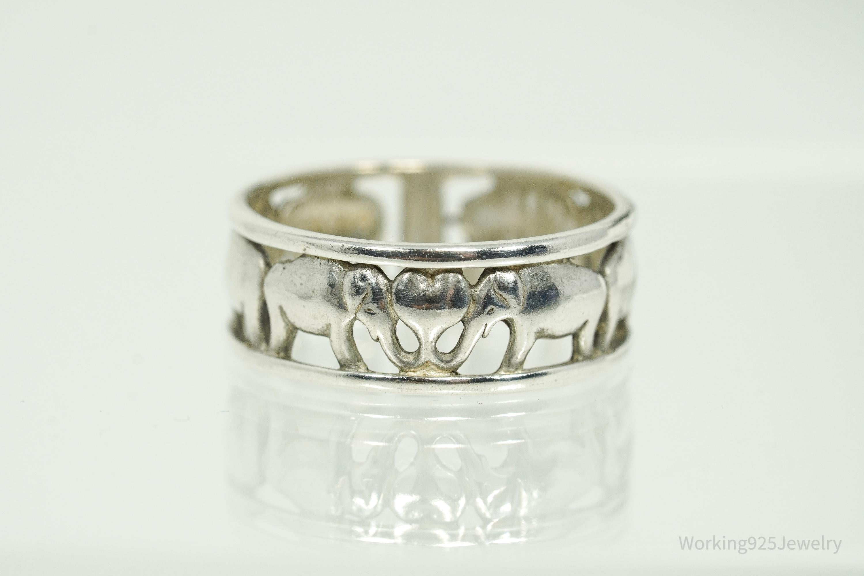Vintage Elephants Sterling Silver Band Ring - Size 6.25
