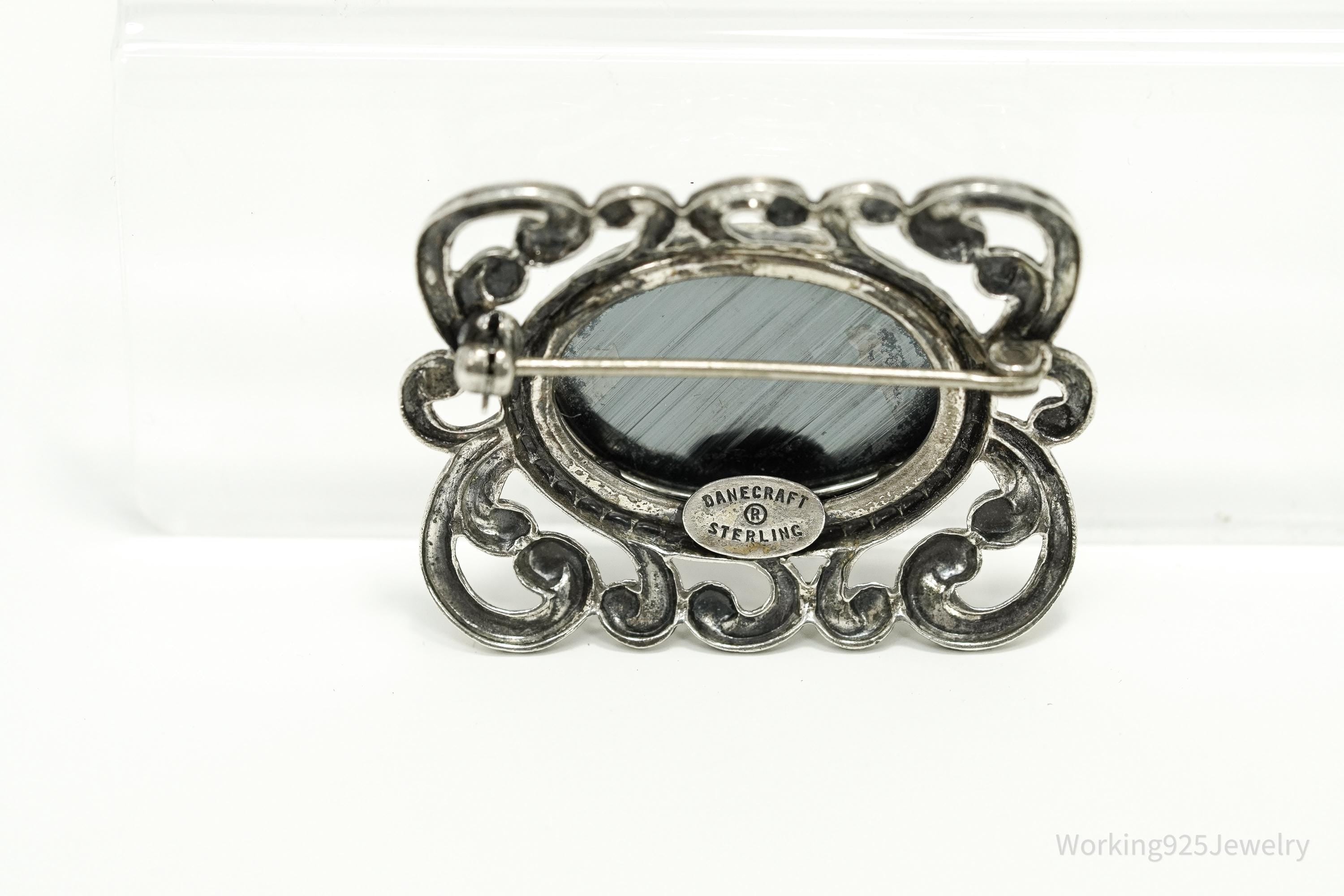 Vintage Designer Danecraft Hematite Ornate Sterling Silver Brooch Pin