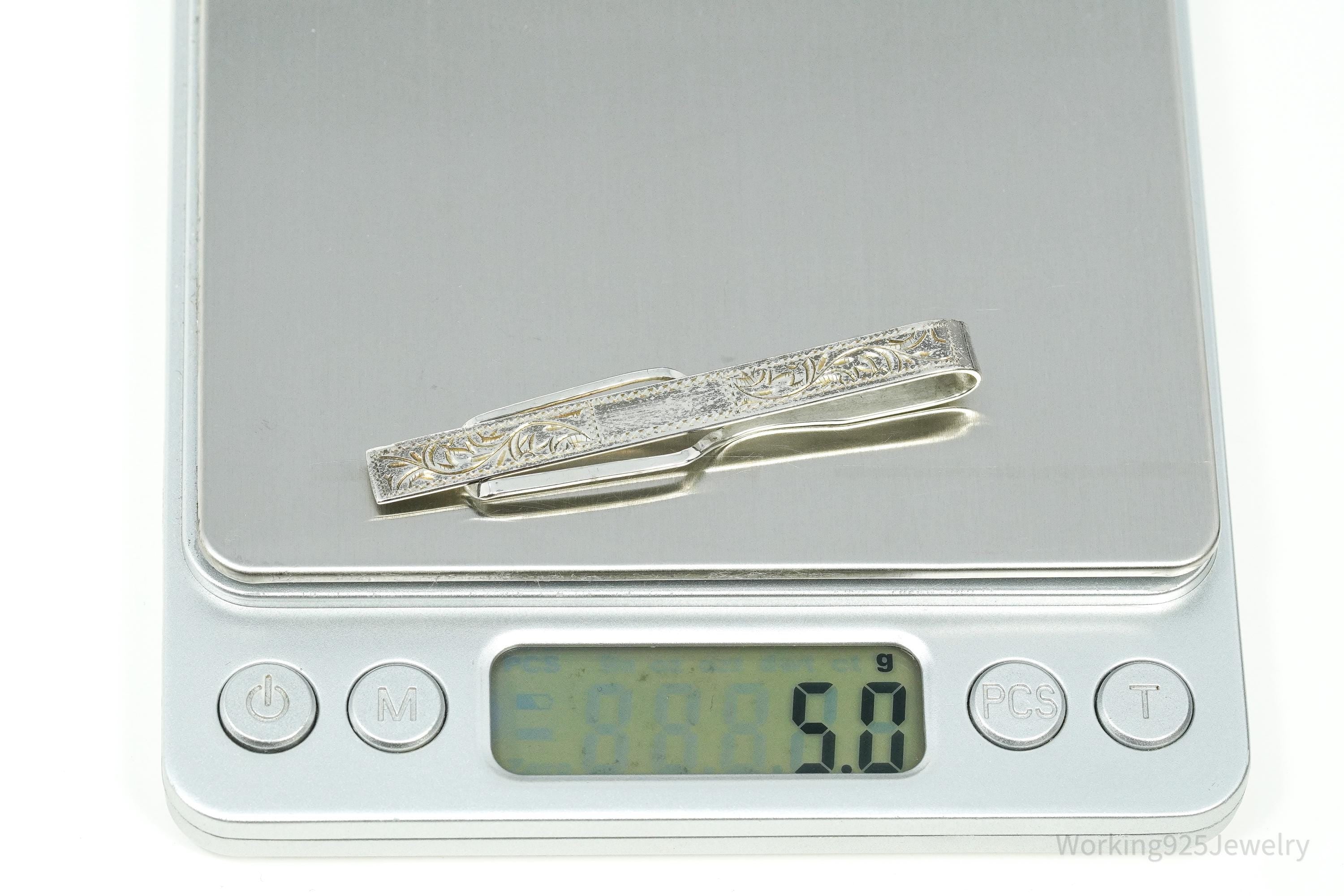 Vintage Floral Etched 950 Sterling Silver Money Clip Tie Clip