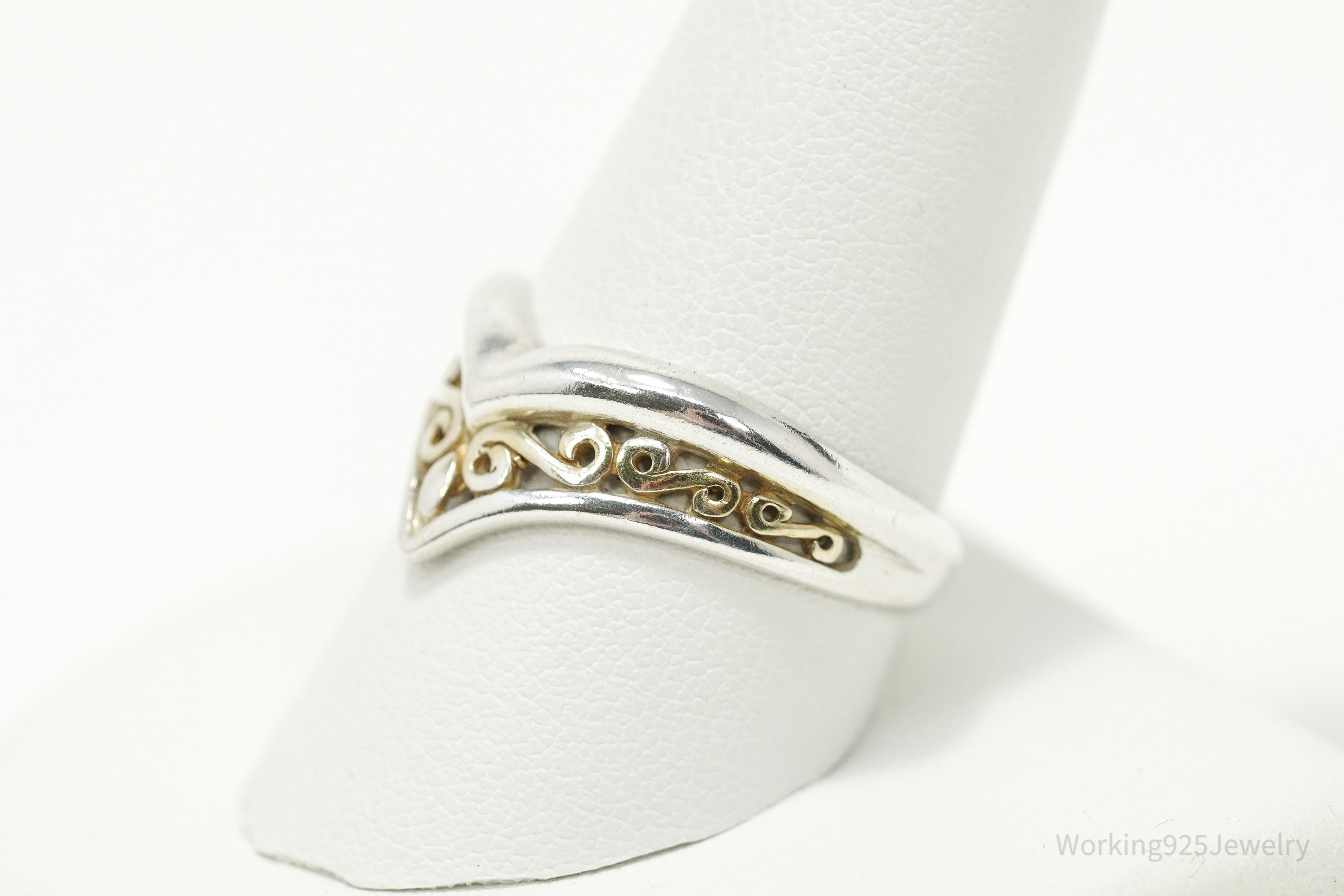 Vintage Gold Washed Scrolls Sterling Silver Ring - Size 10