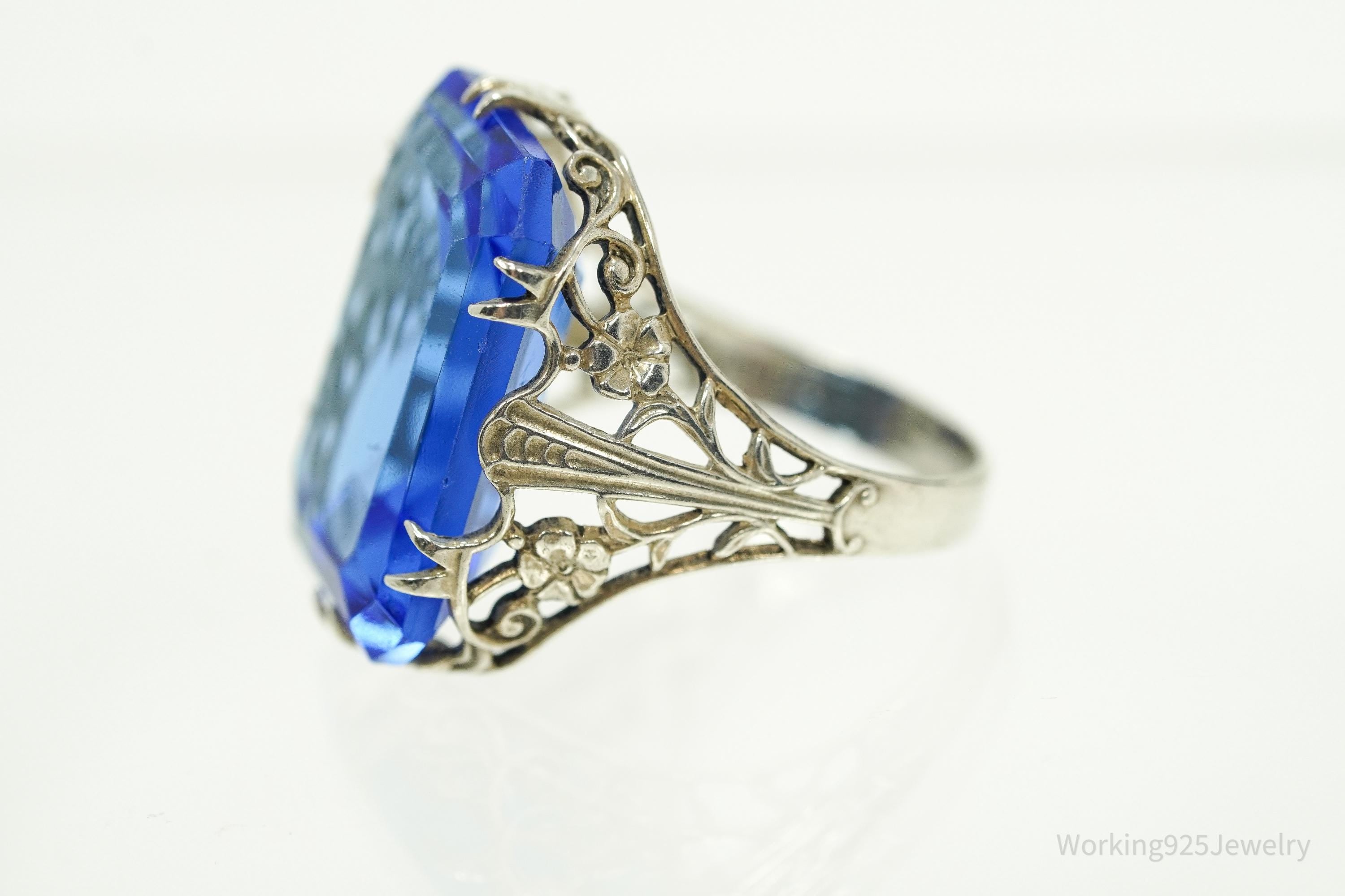 Antique Blue Art Glass Sterling Silver Ring - Size 5.25