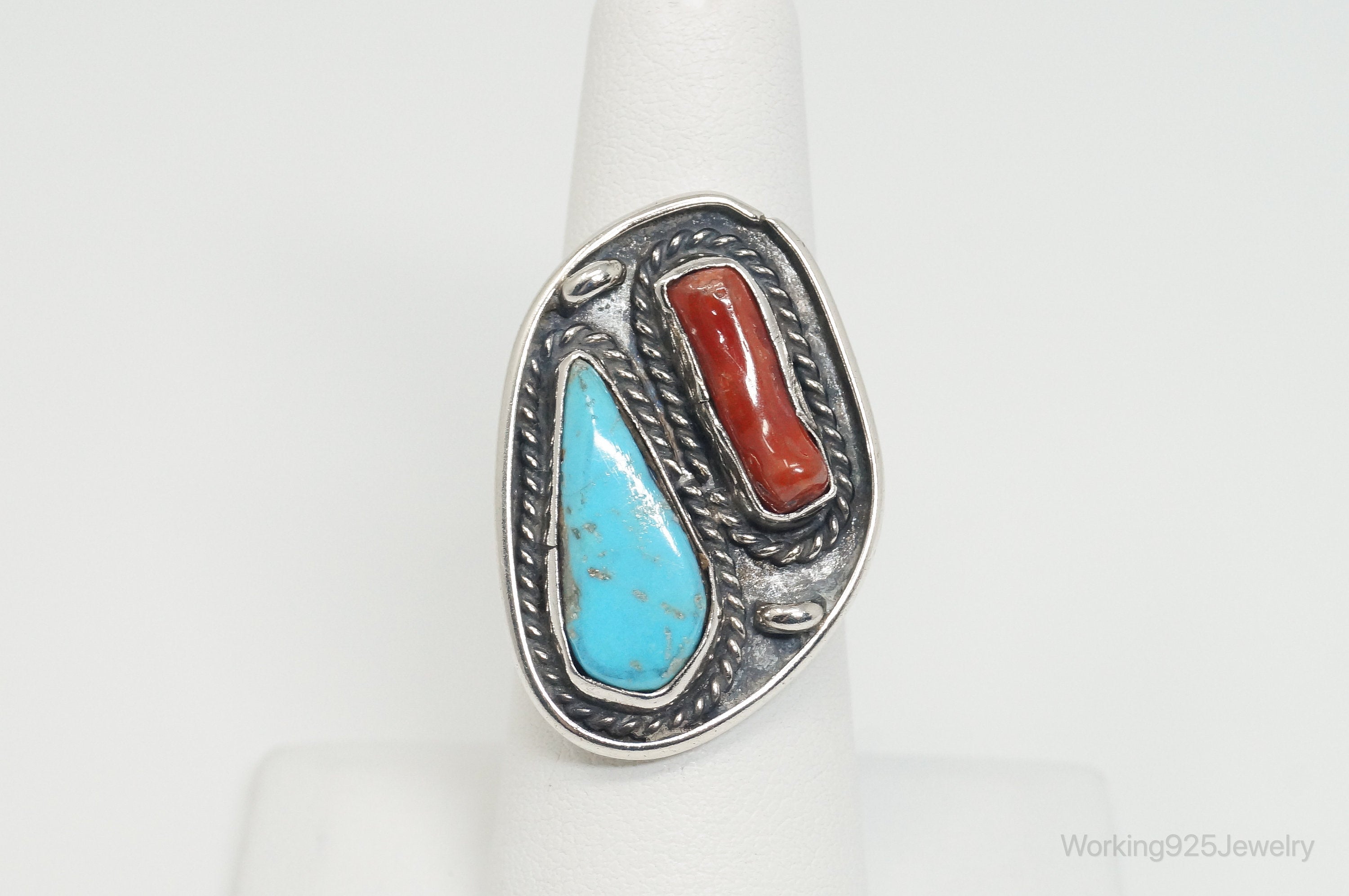 Vtg Native American VB Turquoise Coral Sterling Silver Ring - Sz 7.25