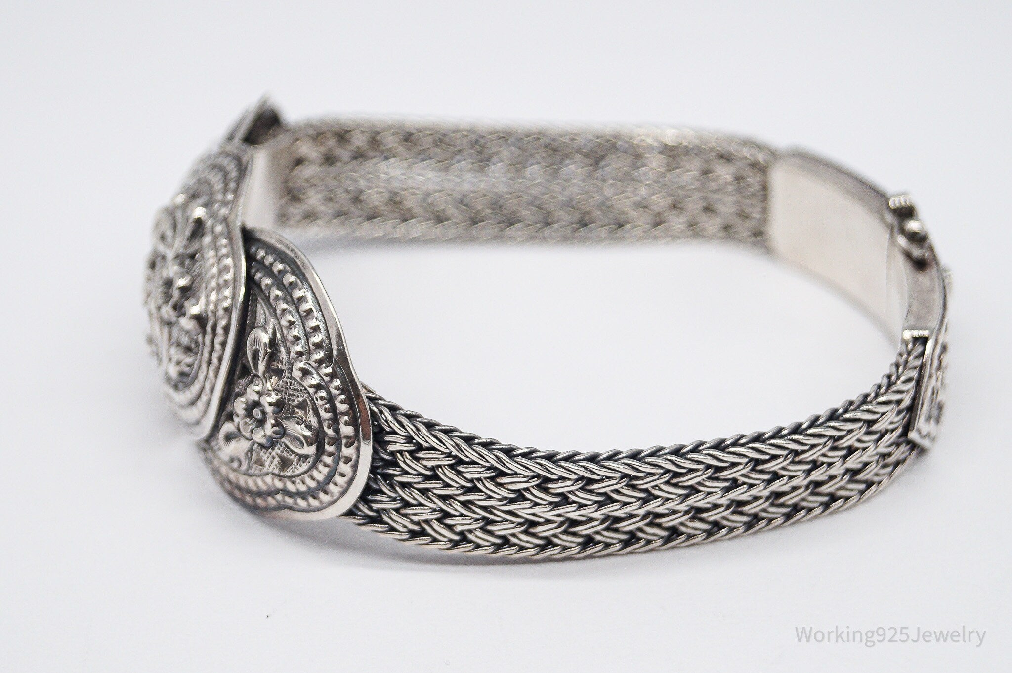 Vintage Floral Pattern Repousse Sterling Silver Bracelet 7 1/8"