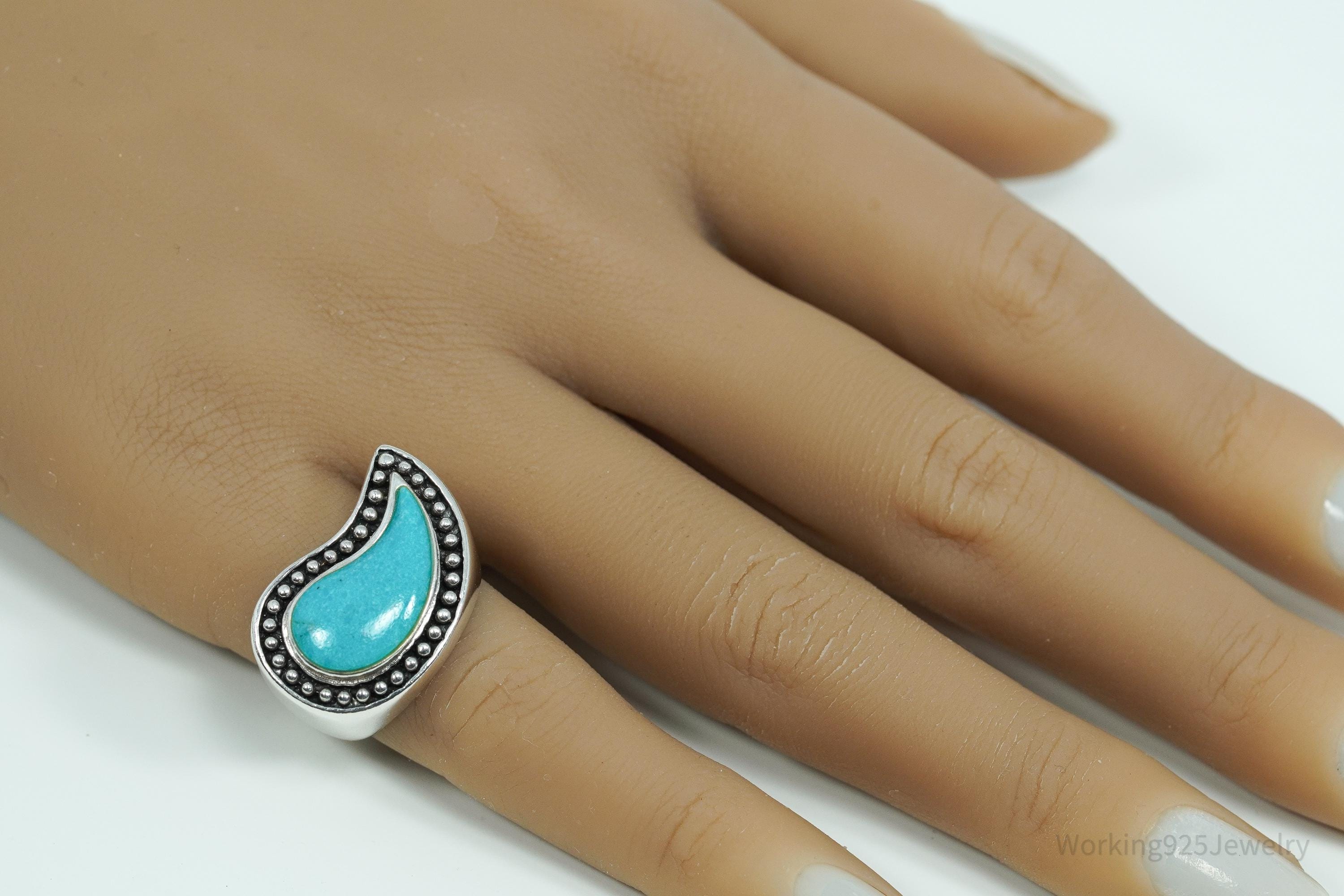 Vintage Designer SX Turquoise Paisley Sterling Silver Ring - Size 6.25