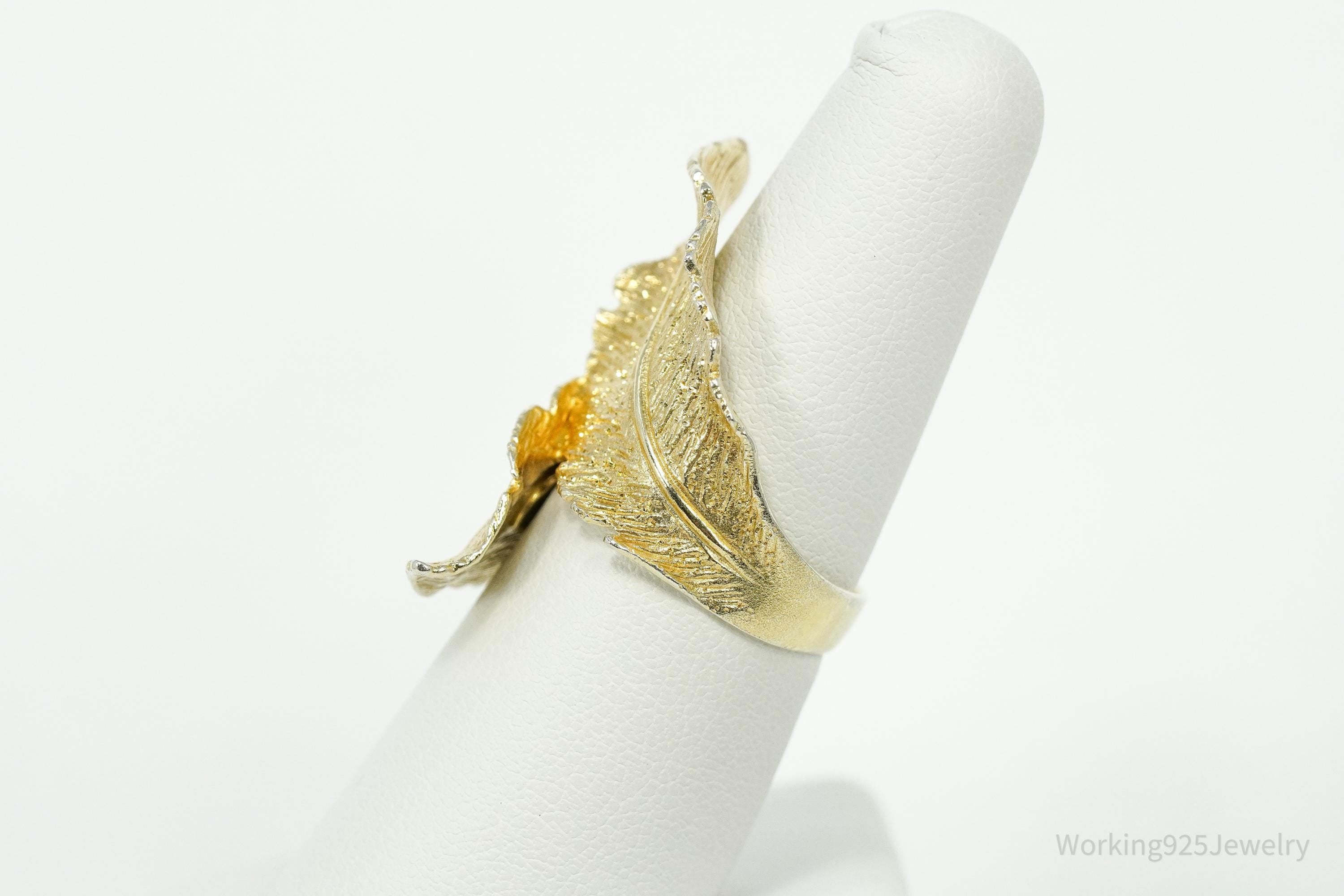 Vintage Italian Dyadema 18K Yellow Gold Plated Figural Leaf Sterling Silver Ring - Size 7