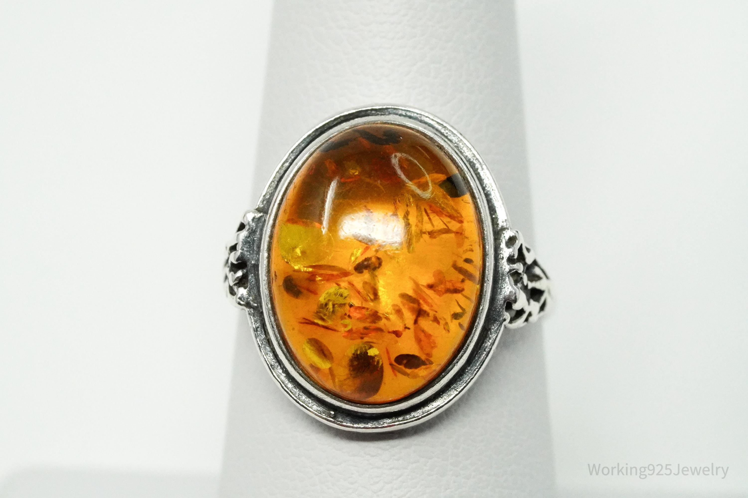 Vintage Amber Sterling Silver Ring - Size 7