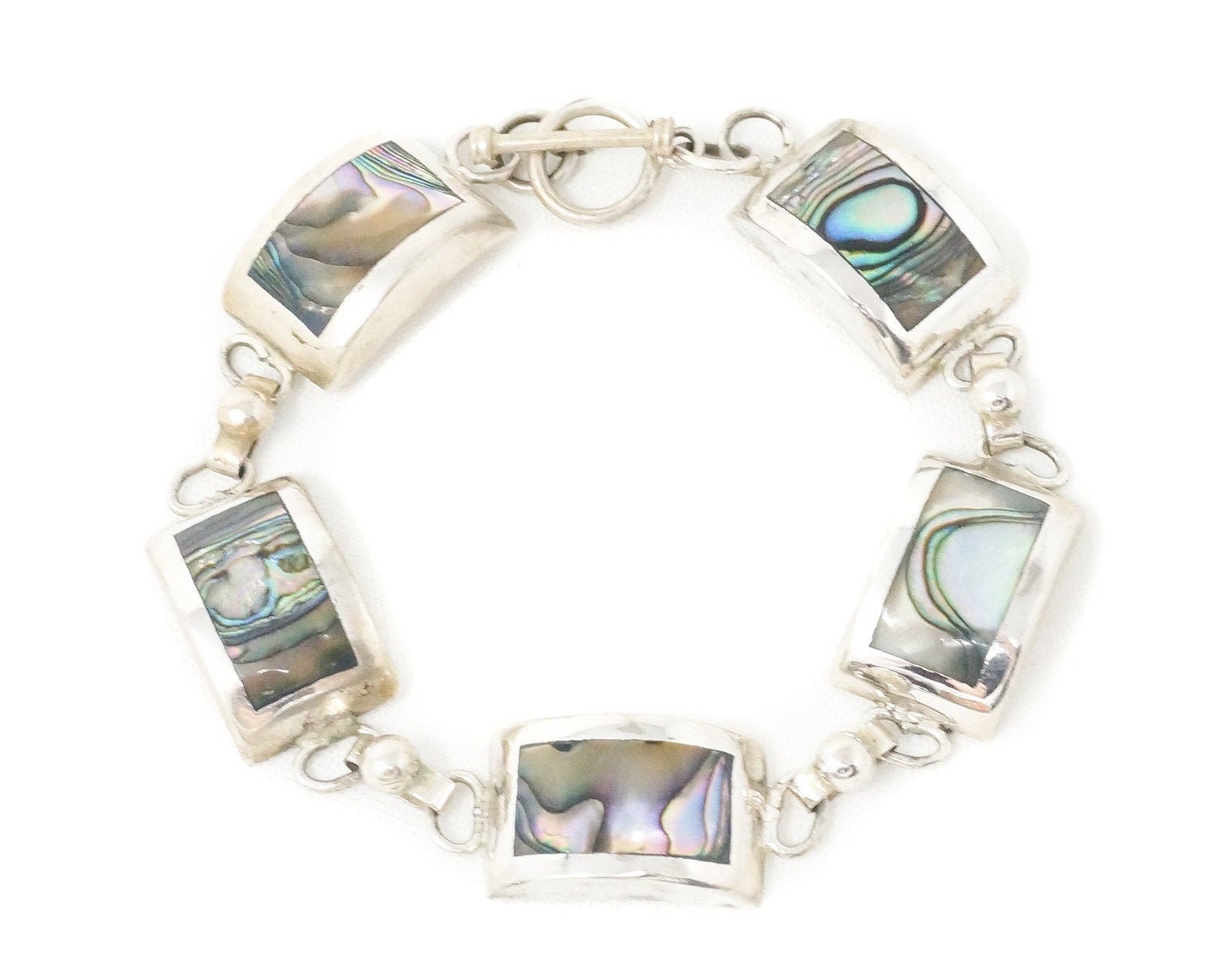 Vintage Mexico Designer Paua Abalone Shell Southwestern Sterling Silver Bracelet