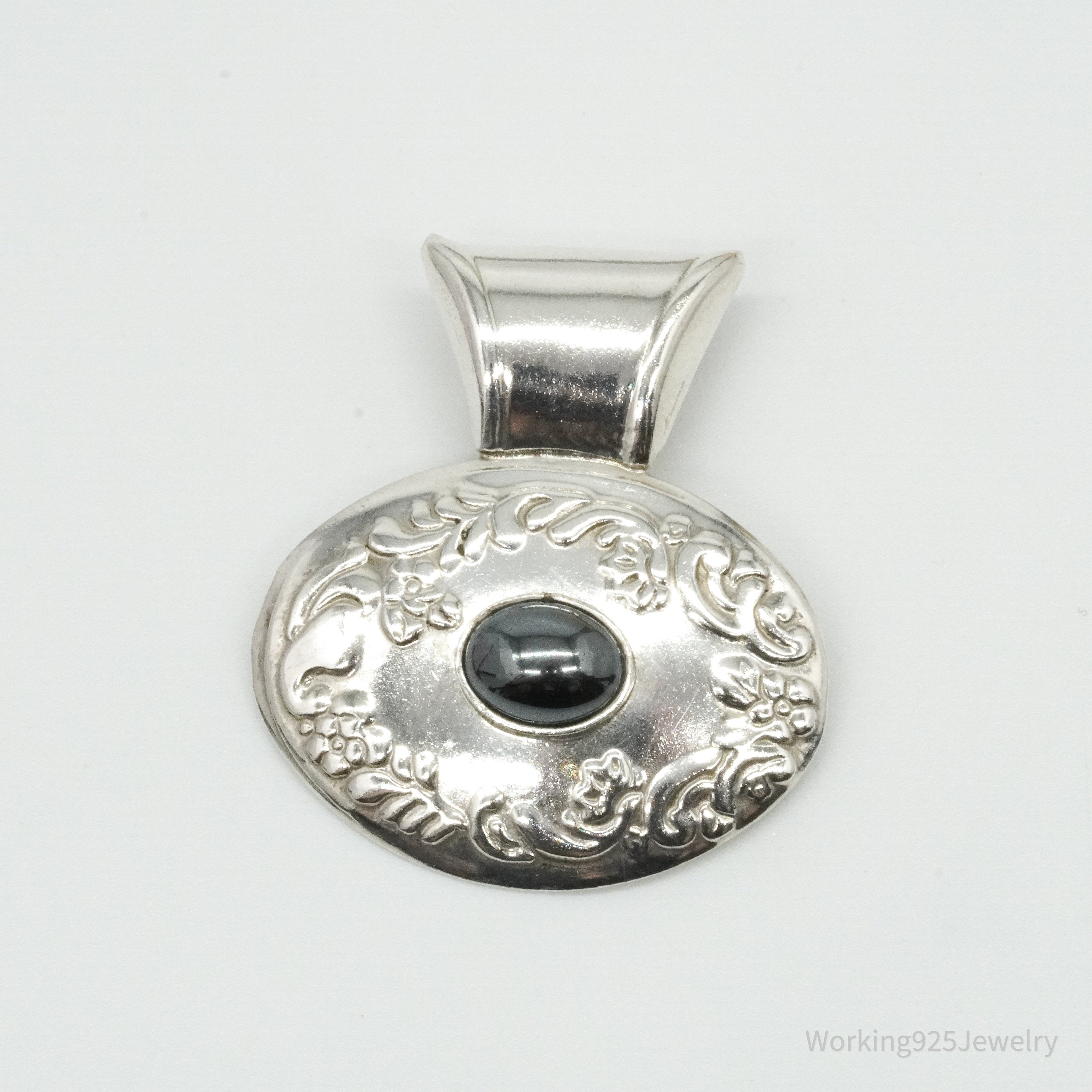 Large Vintage Mexico Hematite Floral Sterling Silver Pendant