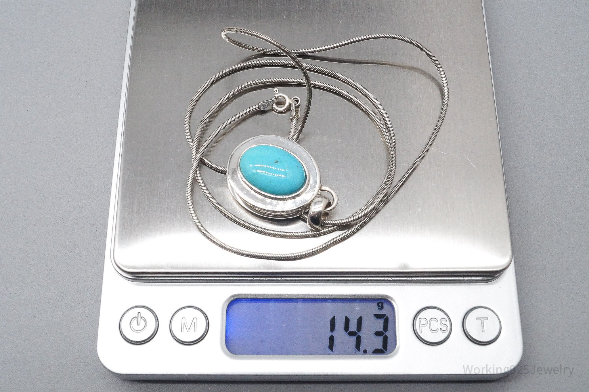 Vintage Large Blue Turquoise Pendant Sterling Silver Necklace 24"