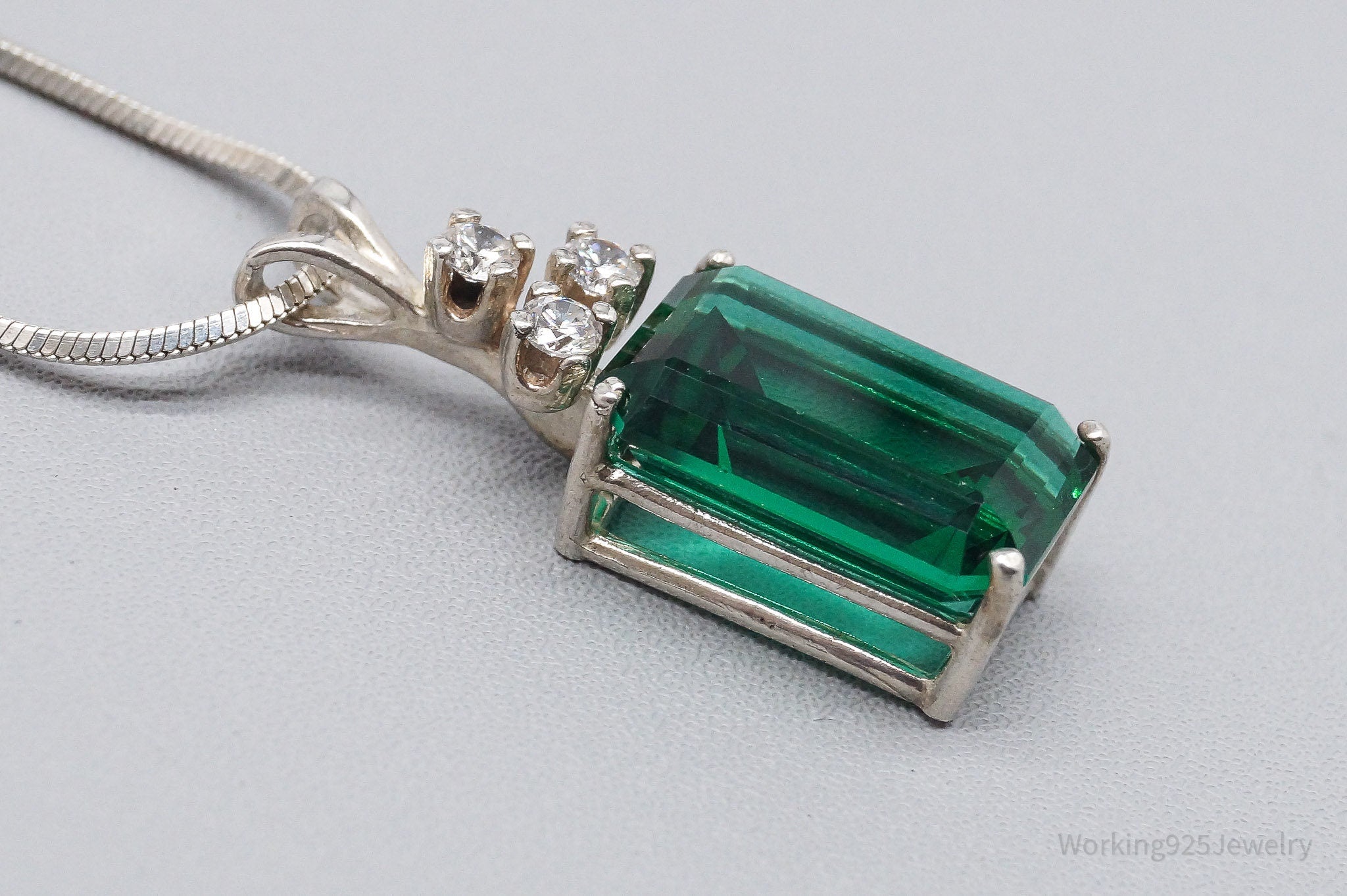 Vintage Lab Emerald Cubic Zirconia Sterling Silver Necklace 20"