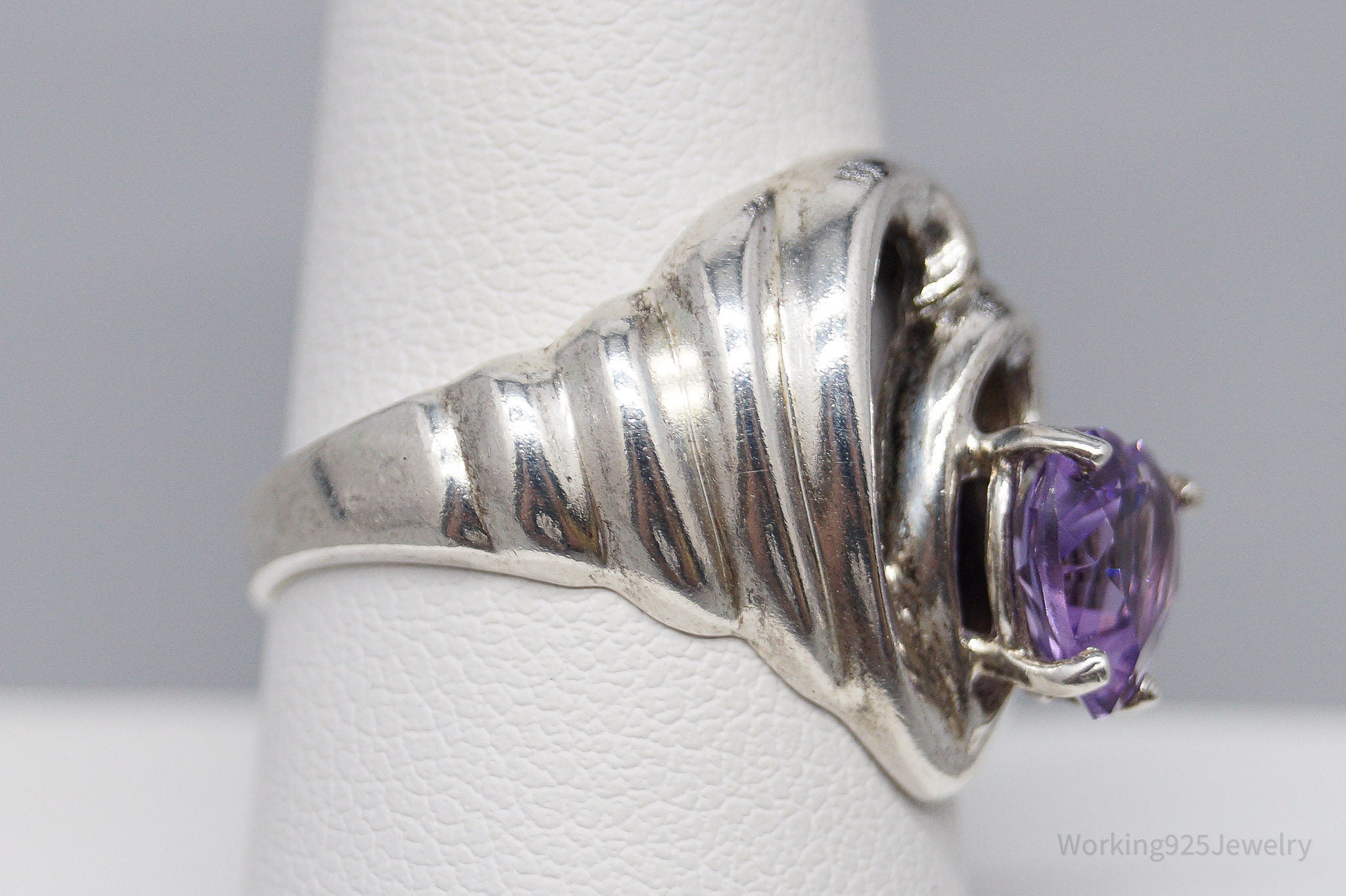 Vintage Amethyst Heart Sterling Silver Ring - Size 9