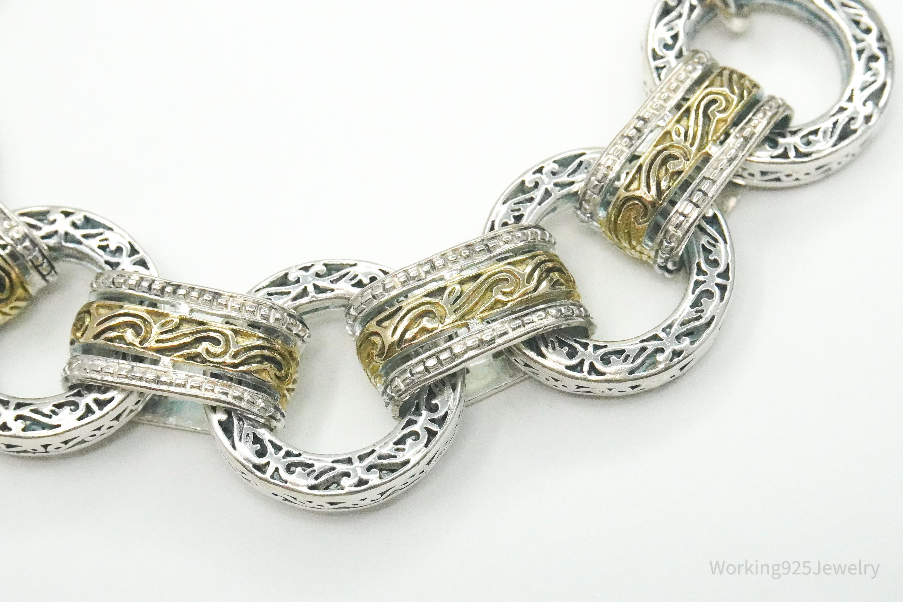 Vintage ASJ Filigree Scroll Design Large Link Gold Vermeil Sterling Silver Chain Bracelet 7 7/8"