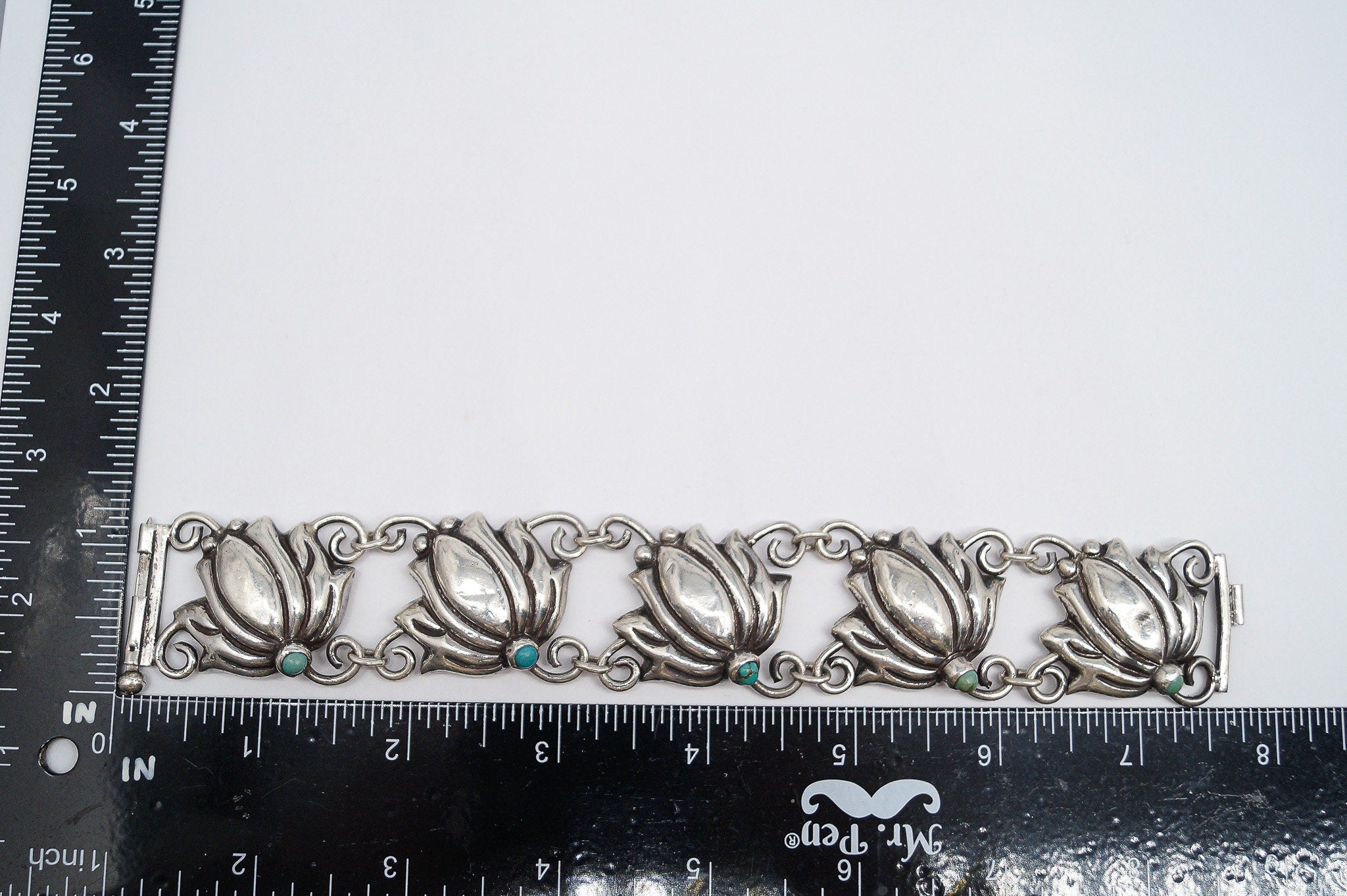 Vintage Mexico Blue Turquoise Inlay & Flowers Silver Bracelet - 7.75"