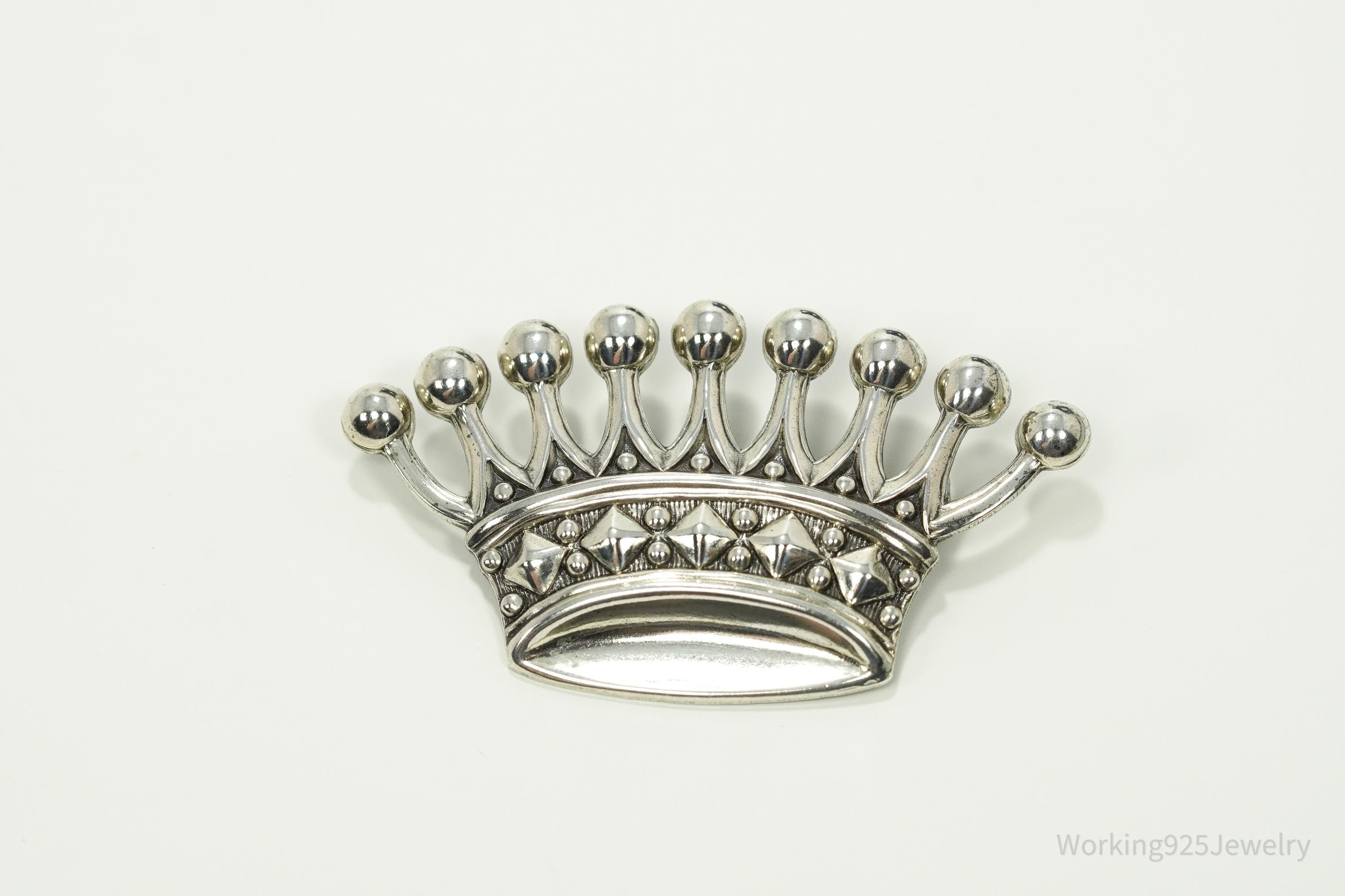 Large Antique Crown Sterling Silver Brooch Pin