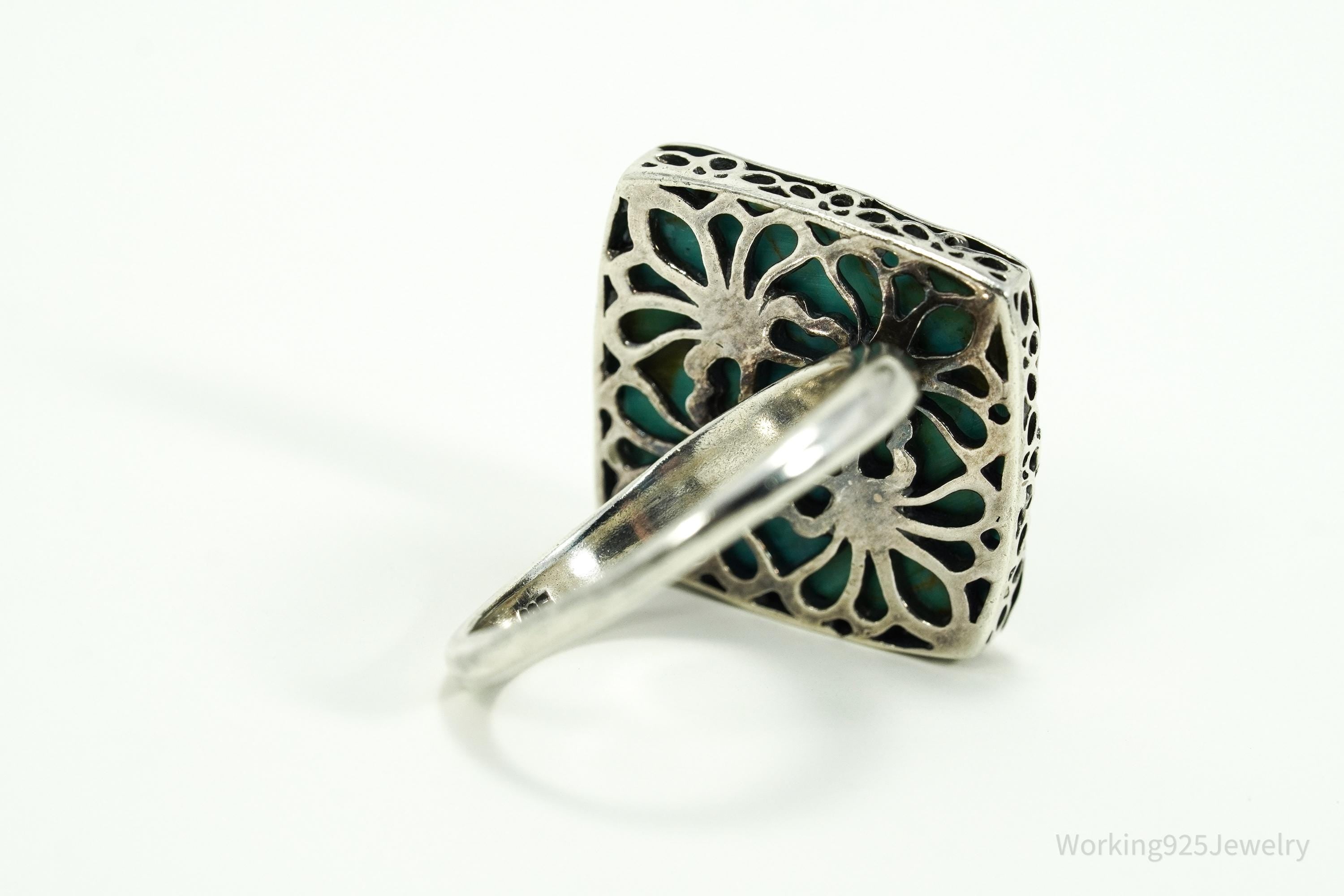 Vintage Caged Turquoise Sterling Silver Ring - Size 10