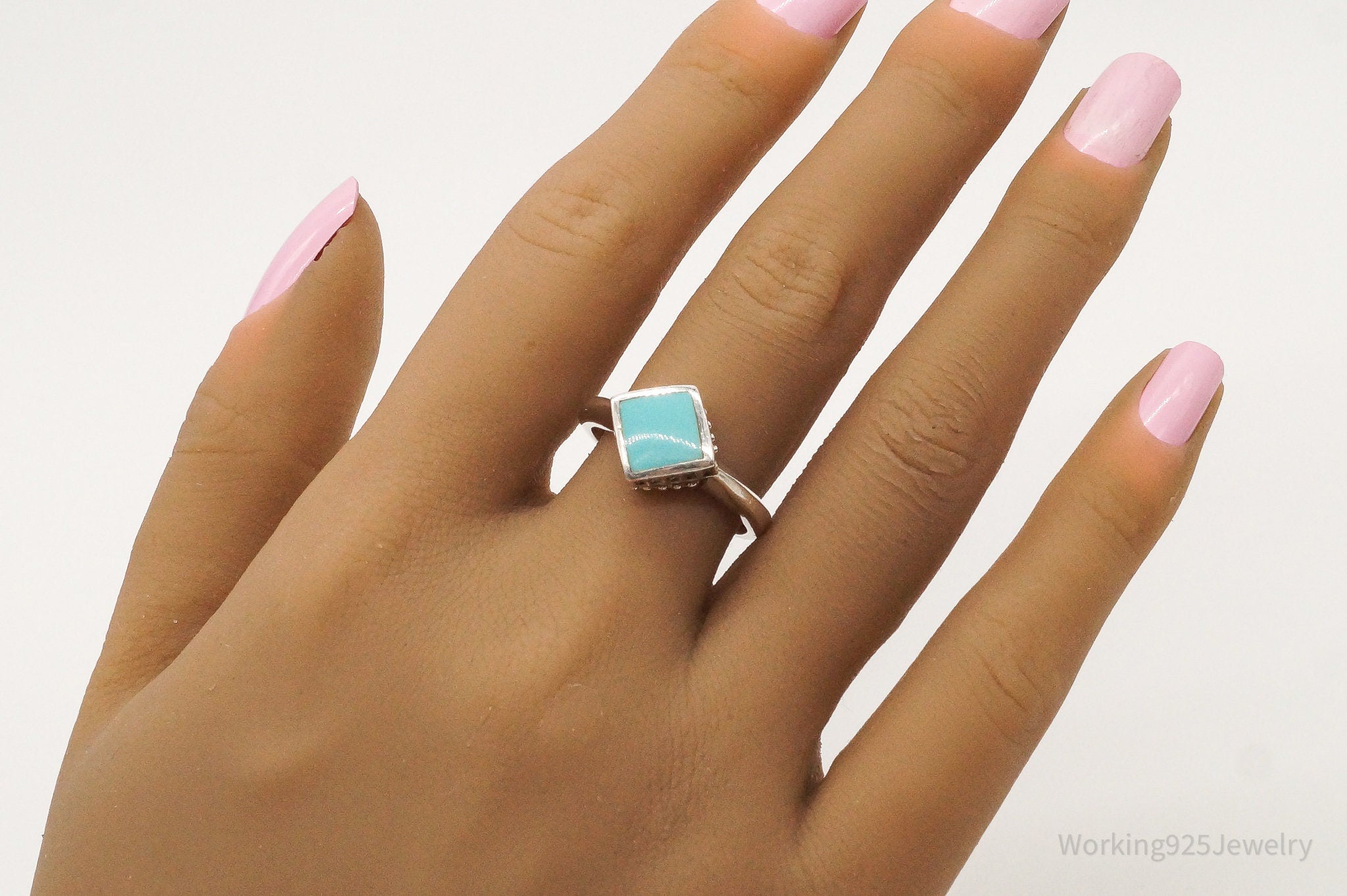 Vintage Lab Created Turquoise Sterling Silver Ring - Size 8.75