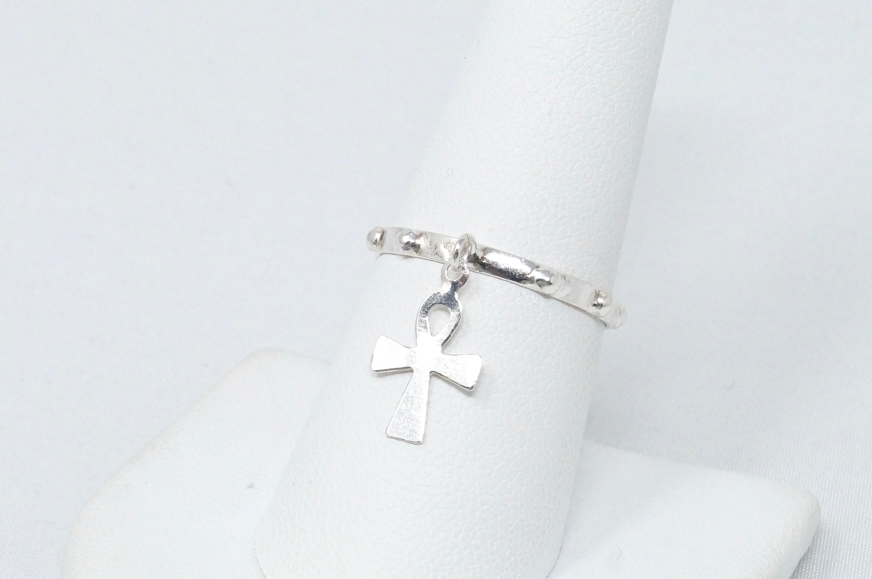 Vintage Mexican Silversmith Handmade Cross Dangle Sterling Silver Ring - Size 8