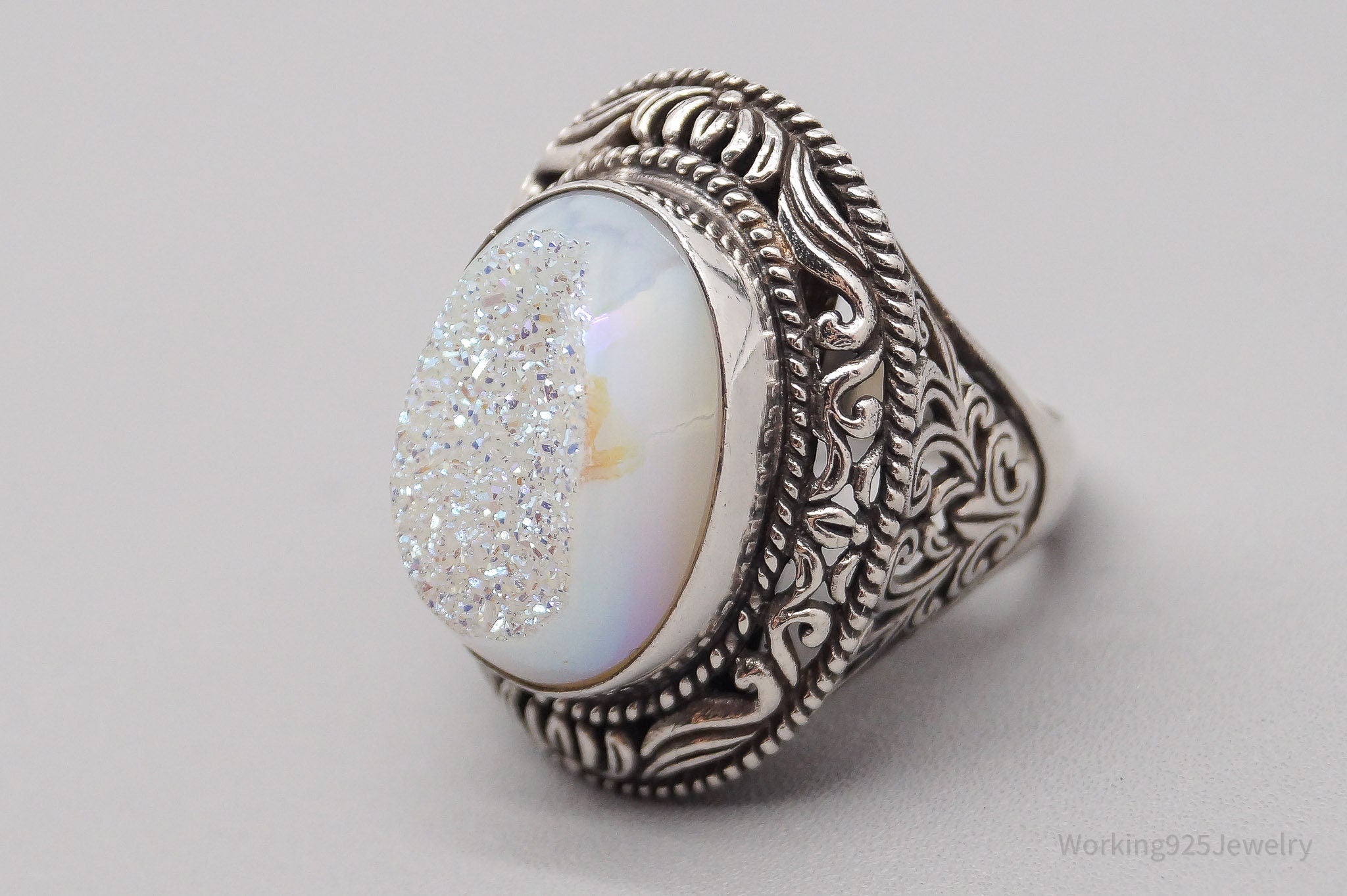 Vintage Large White Druzy Quartz Sterling Silver Ring - Size 7.25