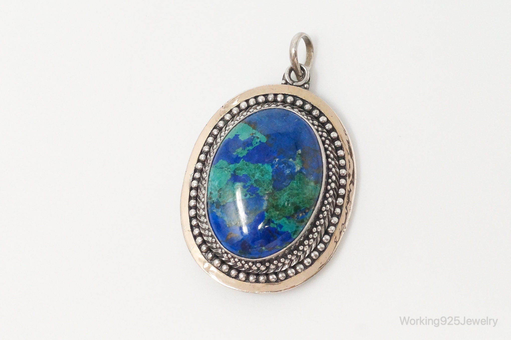 Vintage Large Azurite Brass Sterling Silver Pendant