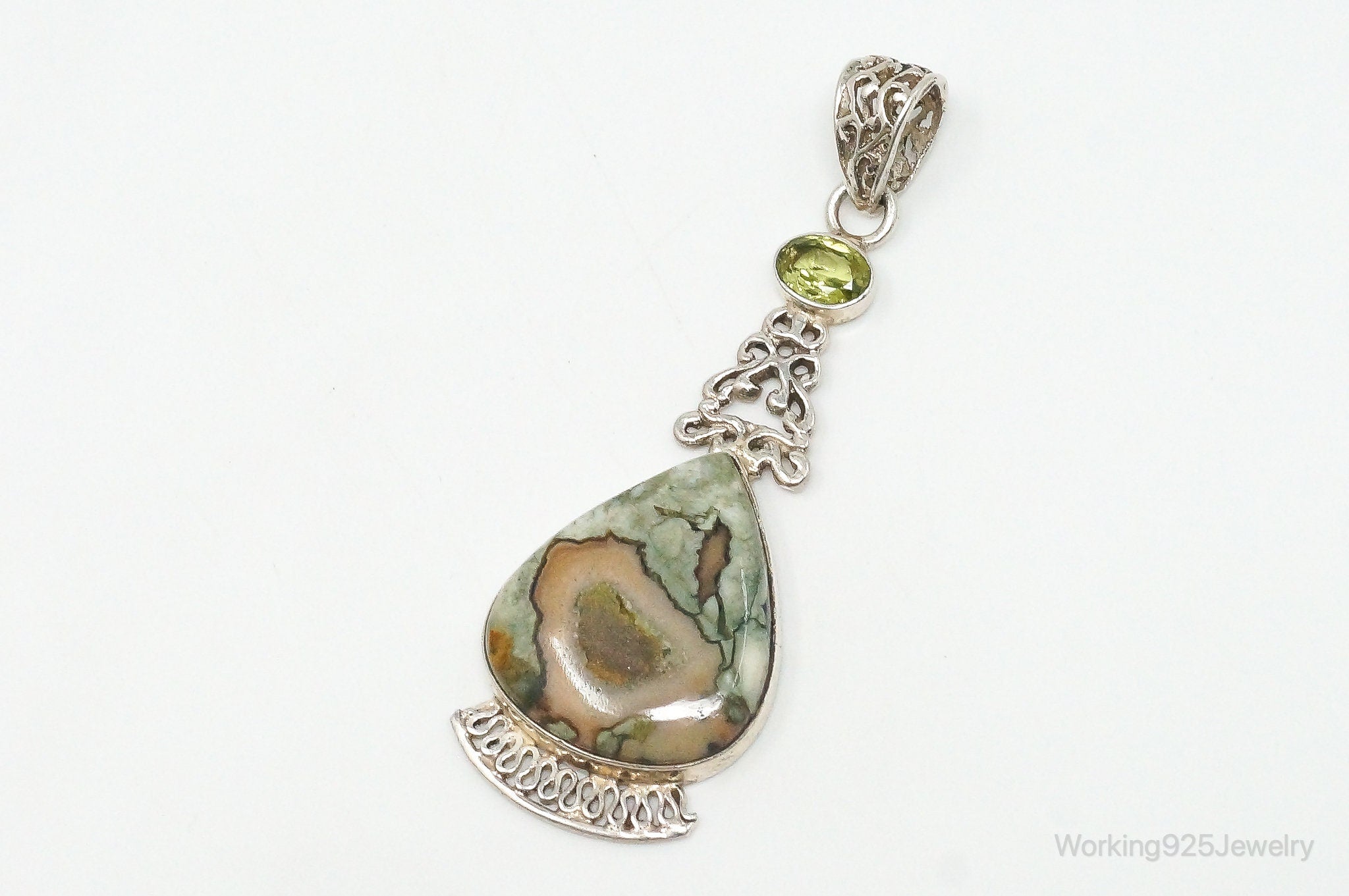 Vintage Large Jasper Peridot Sterling Silver Necklace Pendant