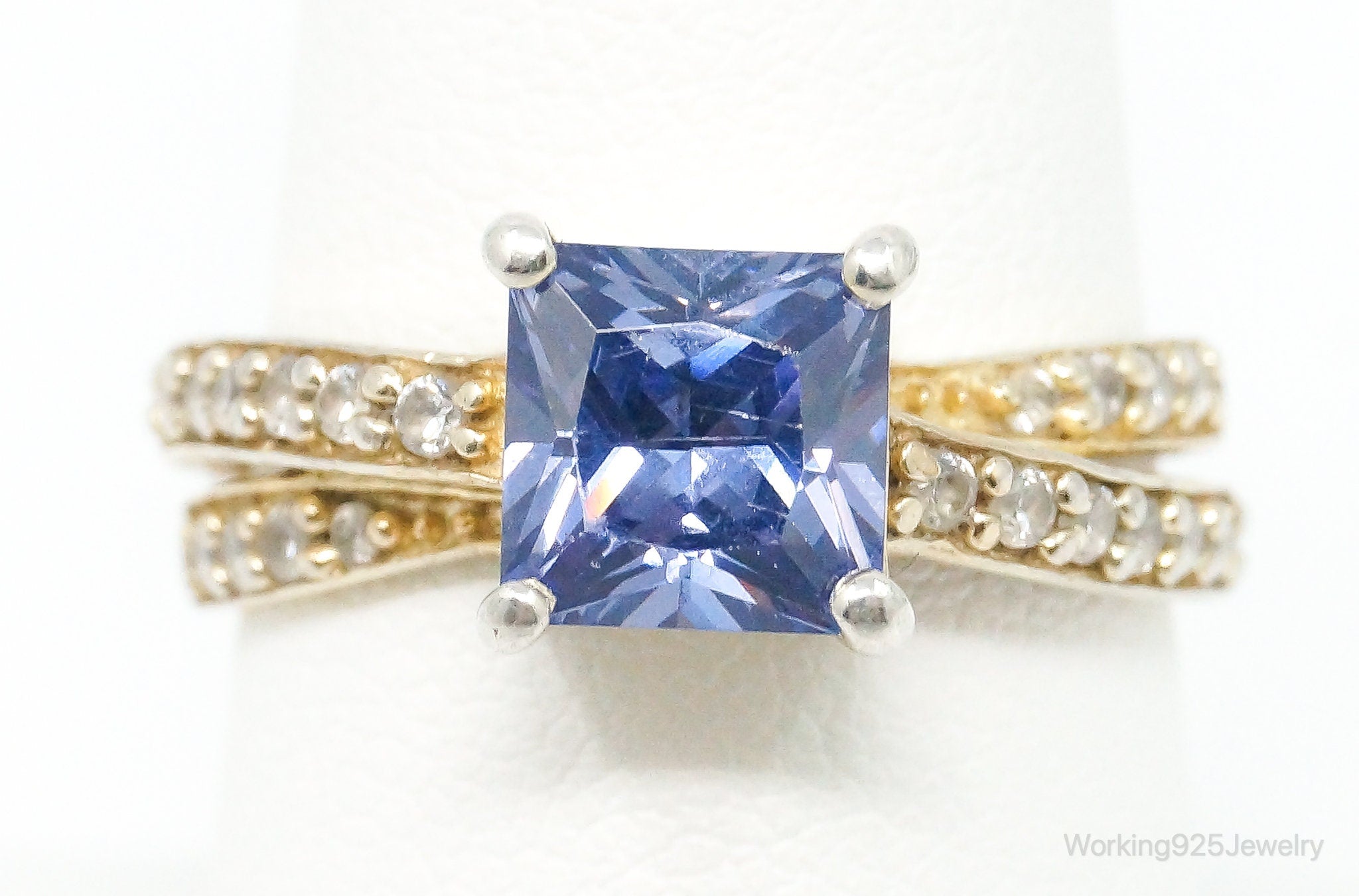 Vintage Large Blue Cubic Zirconia Gold Vermeil Sterling Silver Ring Size 8.25