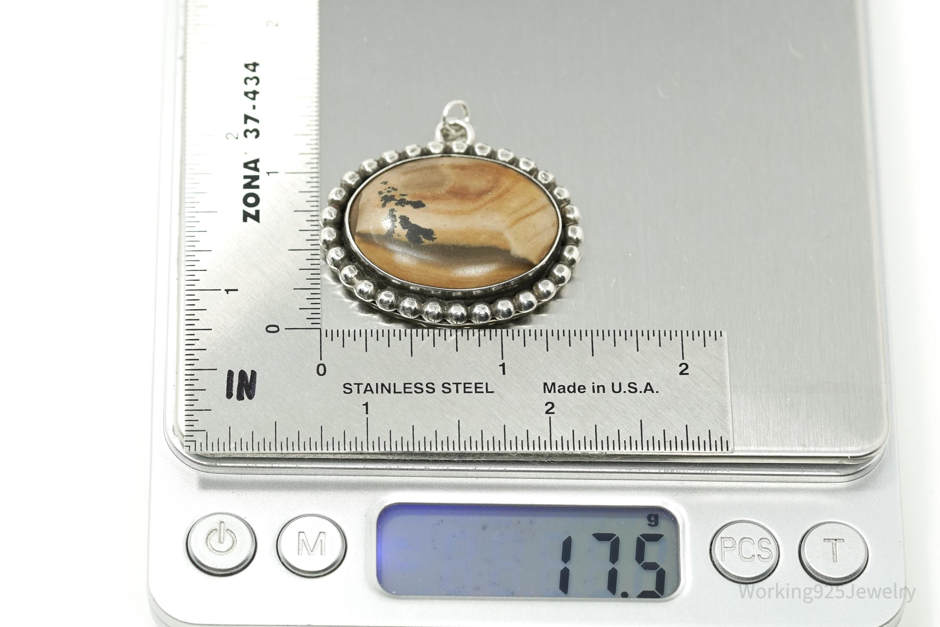 Vintage 1970s Picture Jasper Silver Necklace Pendant 1 3/8"