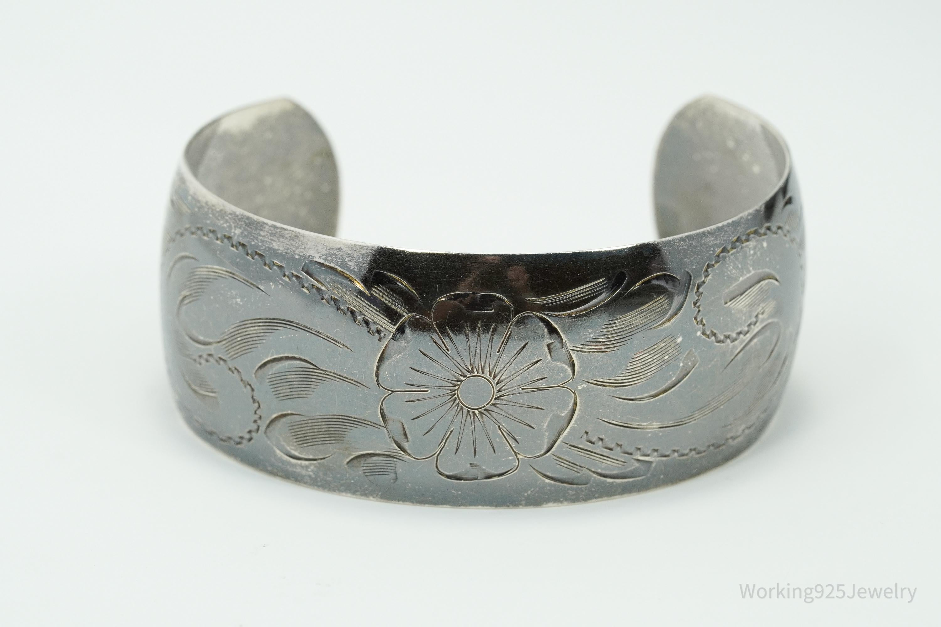 Antique Art Nouveau Floral Etched Sterling Silver Cuff Bracelet - 7 5/8"