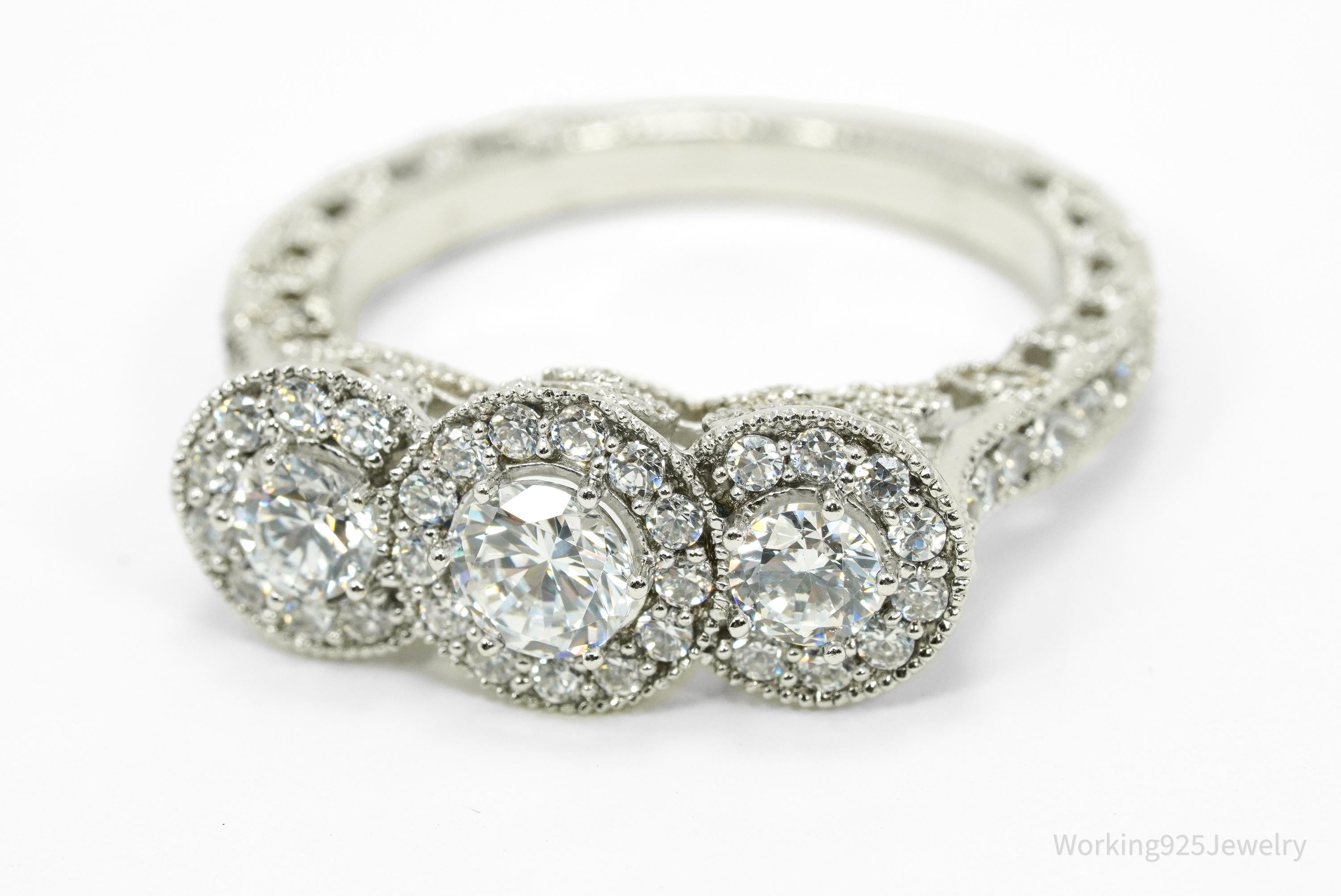 Designer STAUER Three Stone Halo Cubic Zirconia Sterling Silver Ring - Size 10