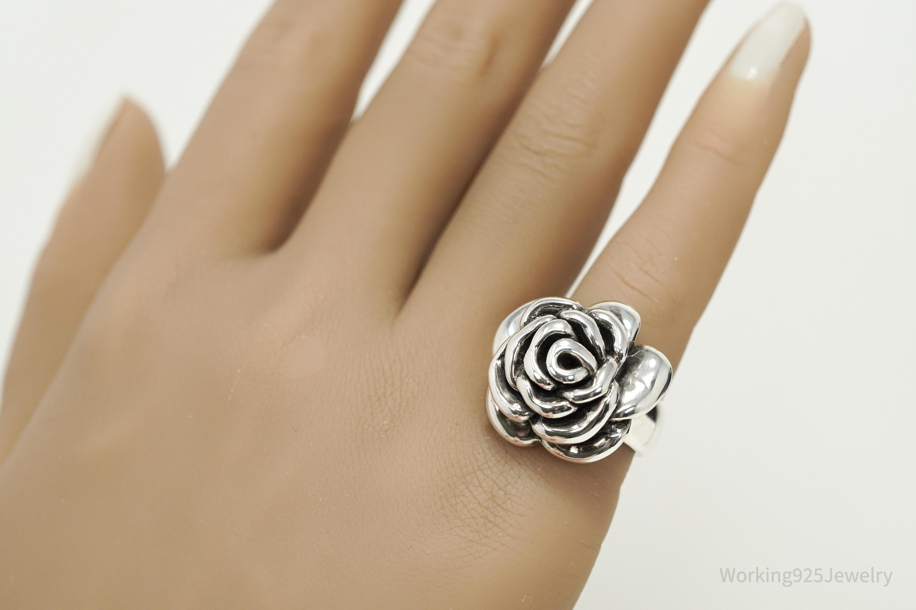 Vintage Puffy Rose Sterling Silver Hollow Ring - Size 6