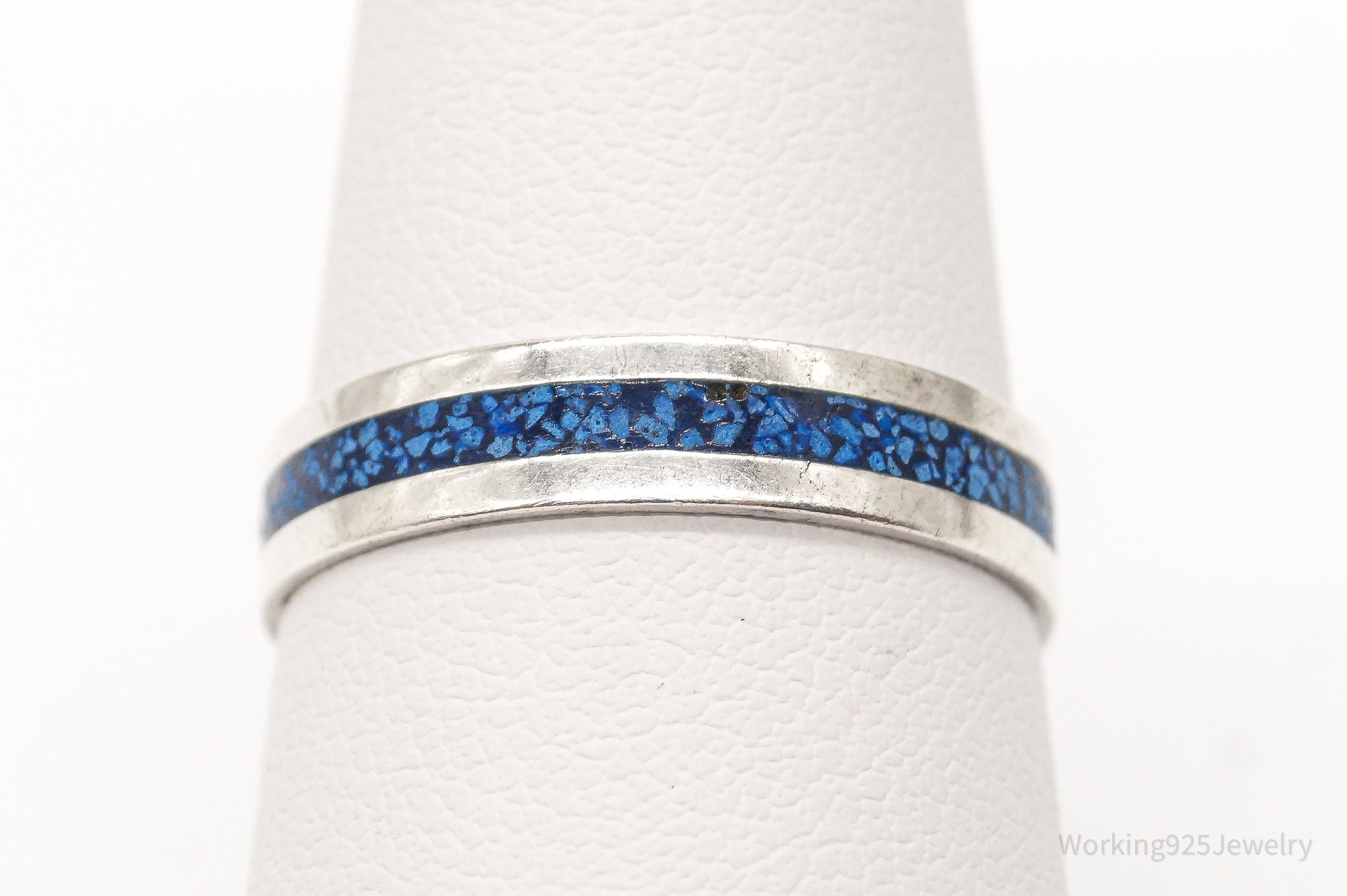 Vintage Modernist Crushed Lapis Lazuli Inlay Sterling Silver Band Ring - Sz7.75