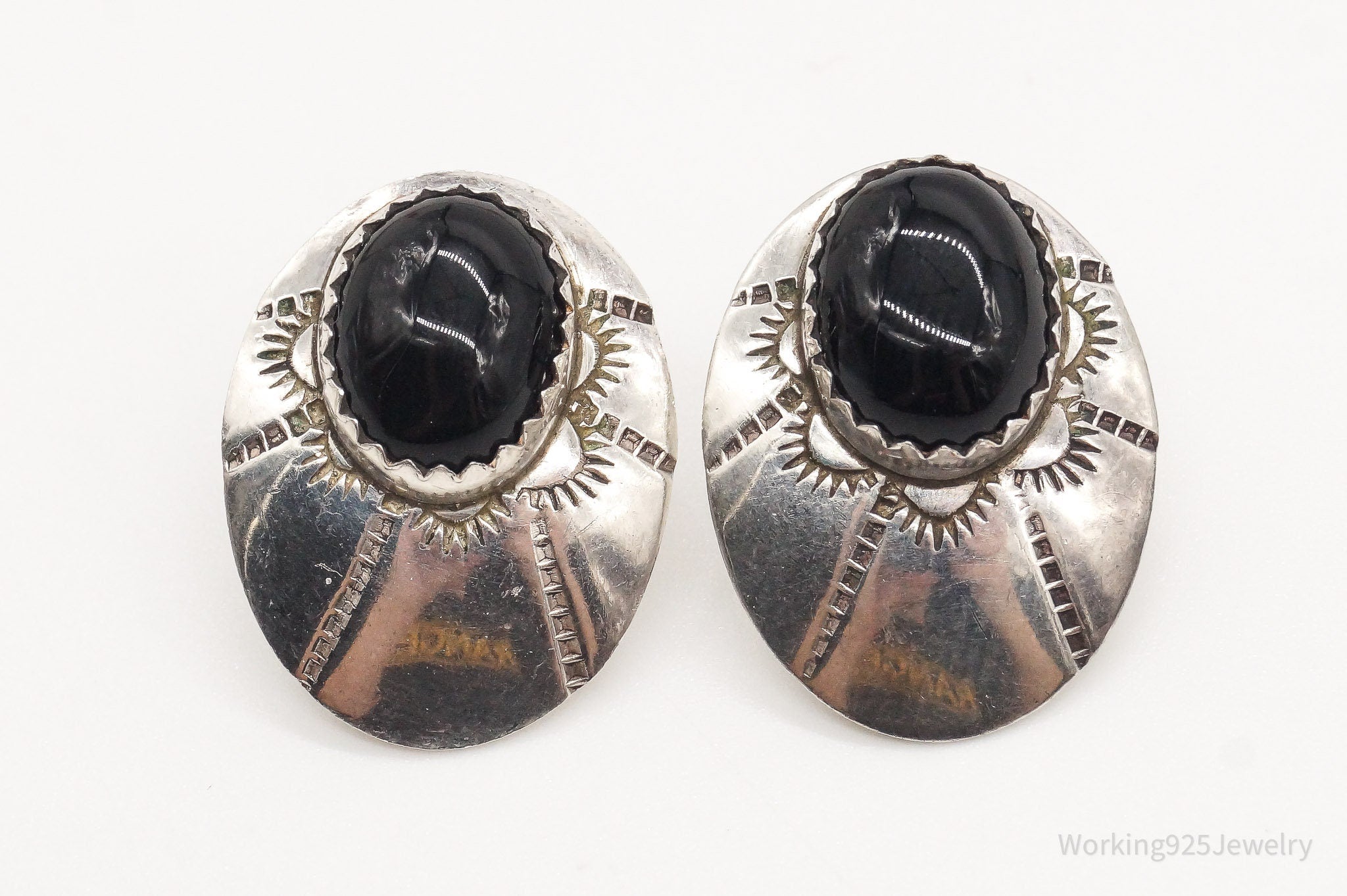 Vintage Native American Black Onyx Silver Earrings