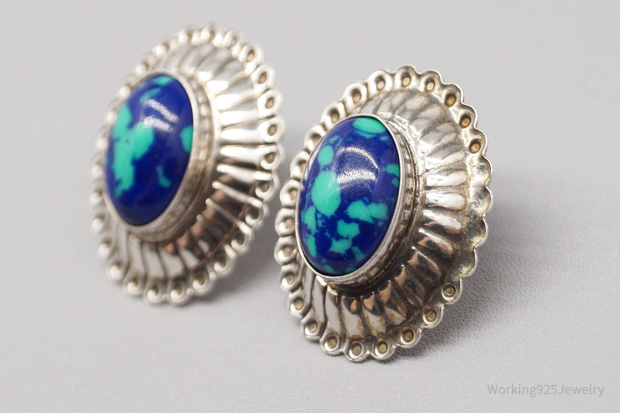 Vintage Native American Azurite Malachite Sterling Silver Earrings