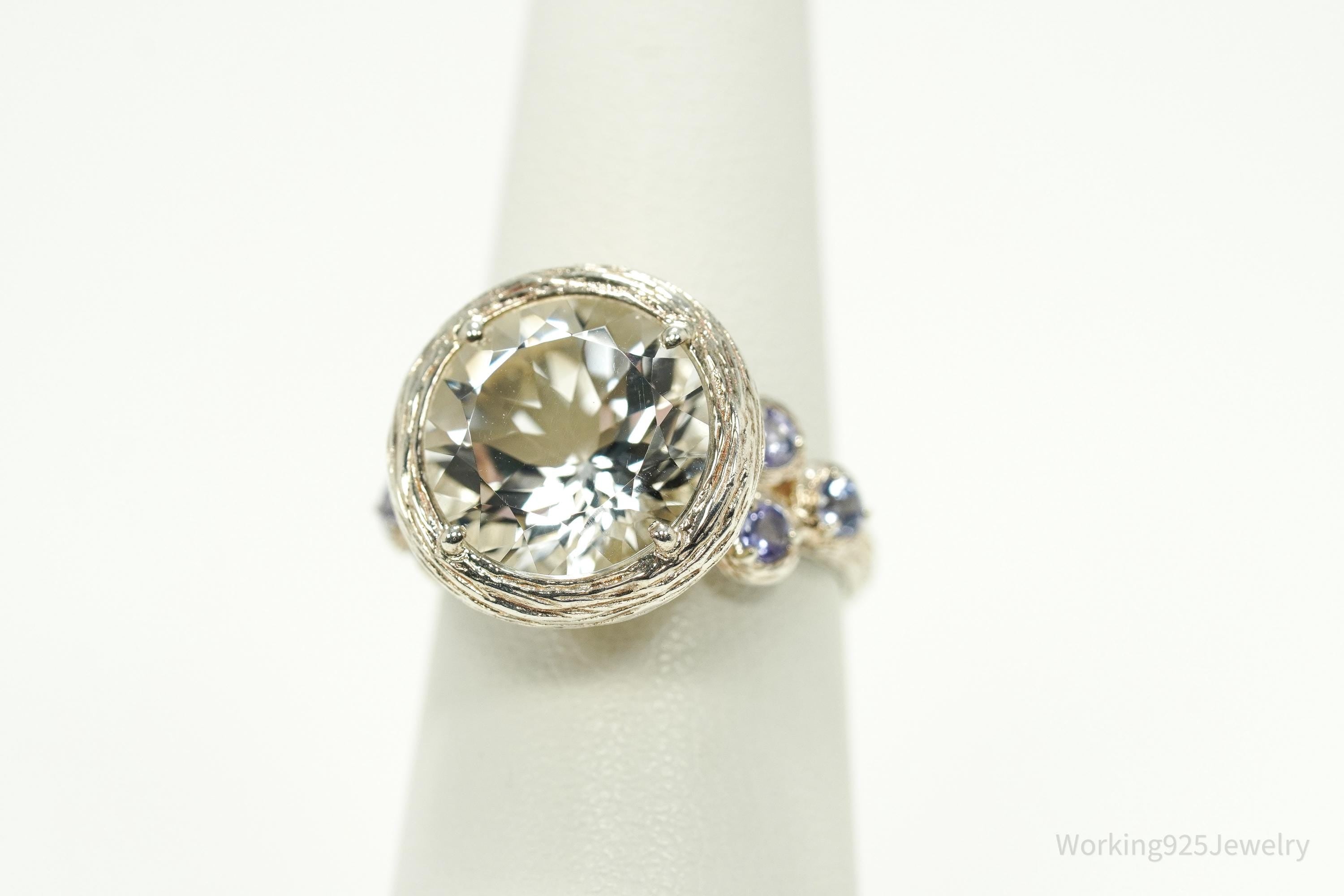 Vintage Israel Designer Paz PZ Clear Quartz & Tanzanite Sterling Silver Ring - Size 6.25