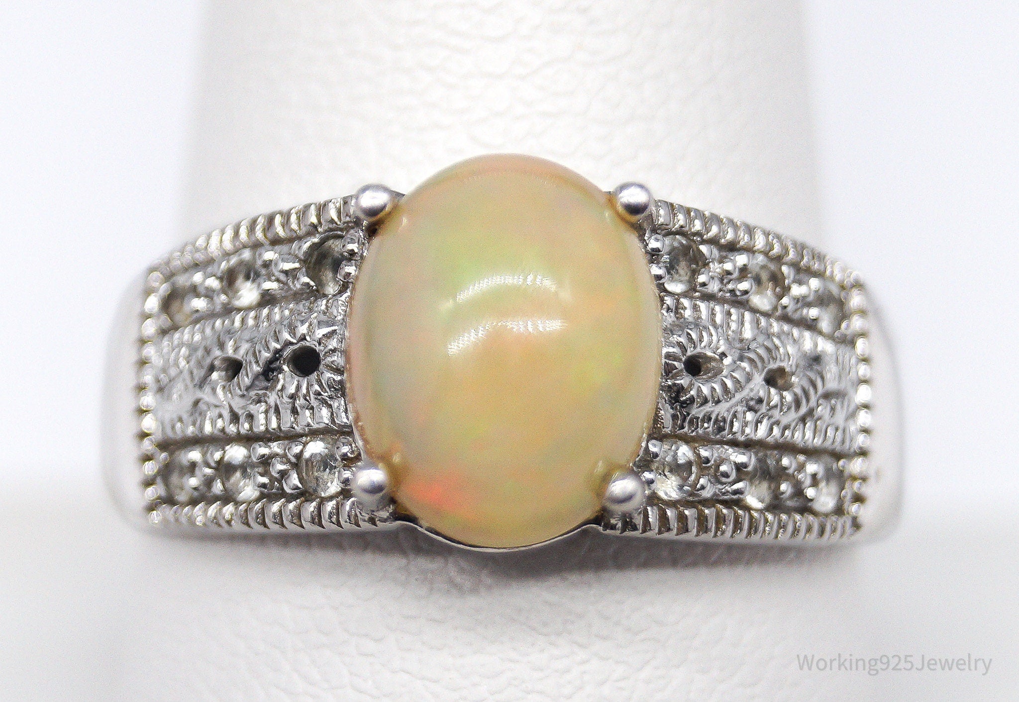 Vintage Opal White Topaz Sterling Silver Ring - Size 9.75