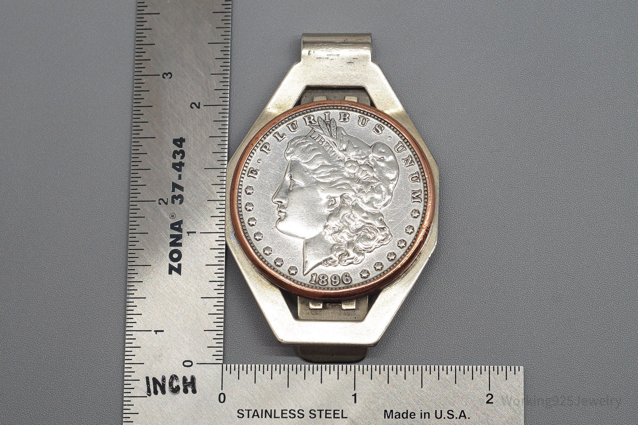 Antique 1896 Morgan Silver Dollar Coin Bell Trading Post Nickel Silver Money Clip